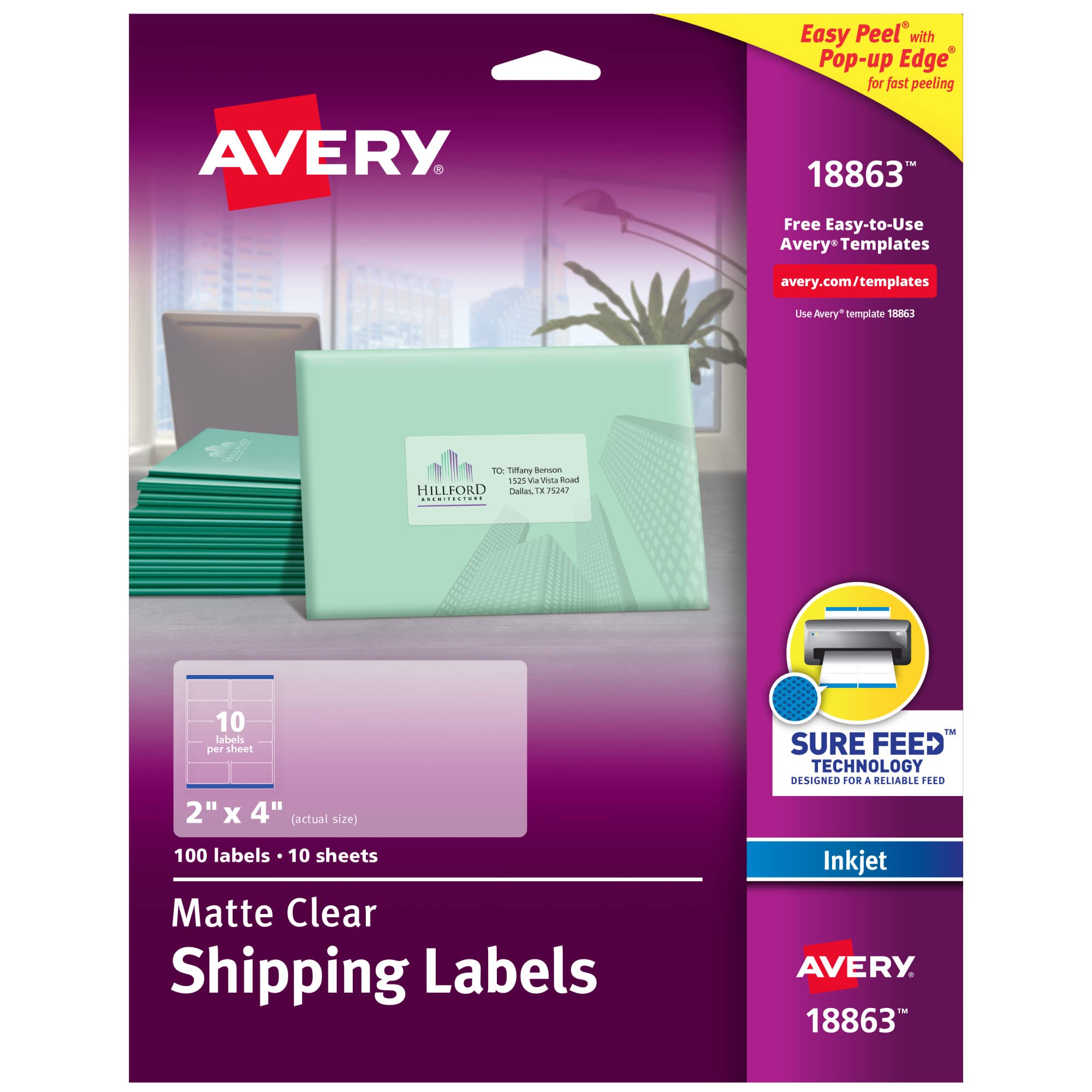 Avery Easy Peel Shipping Labels for Inkjet Printers, 2 x 4", Clear, Pack of 100 (18863)
