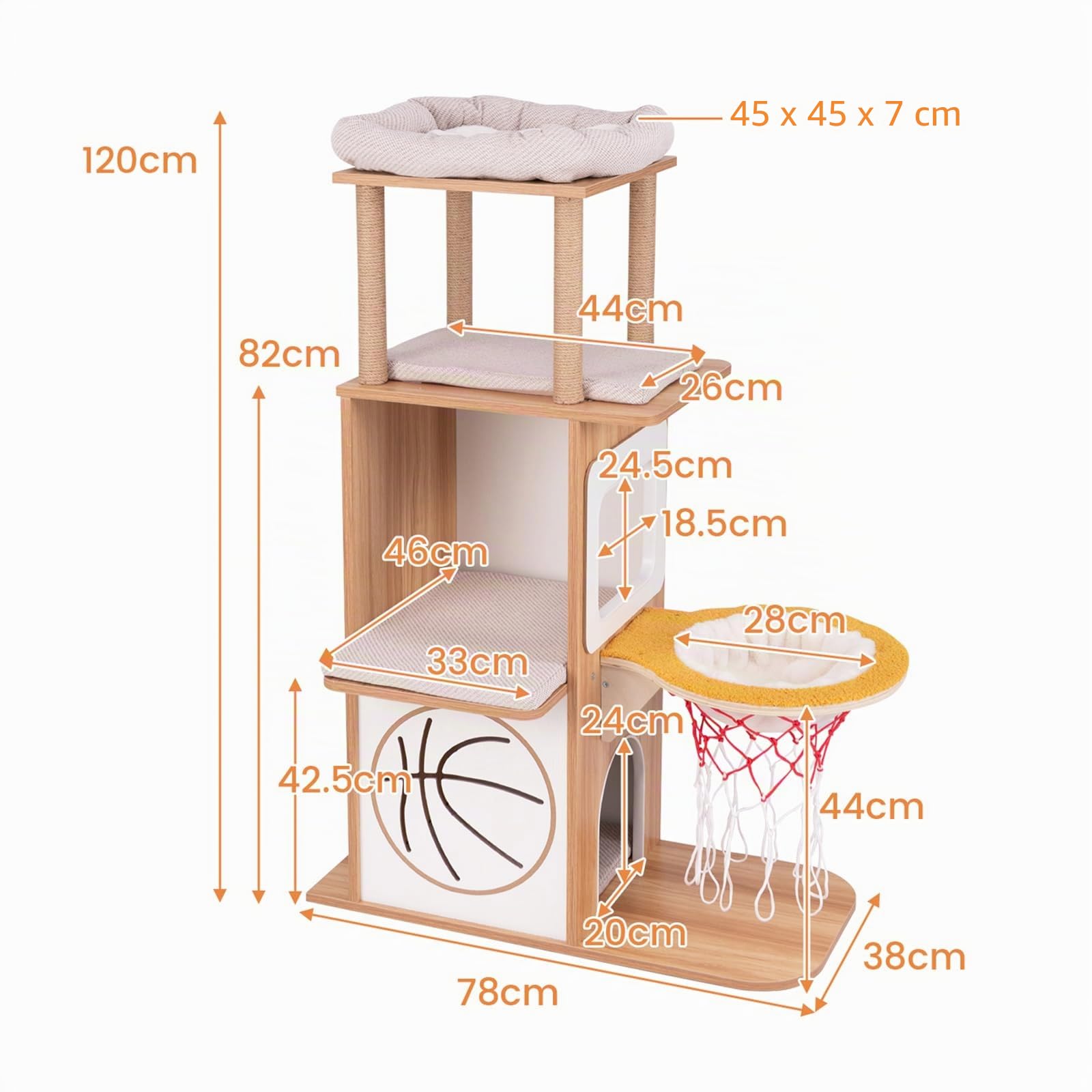 GYMAX Albero Tiragraffi per Gatti, 78 x 35 x 120 cm, Torre a 4 Livelli a Tema Sportivo con 2 Casette per gatti, Piattaforme, Amaca Canestro, Pali Tiragraffi in Iuta, Cuscini Rimovibili e Lavabili