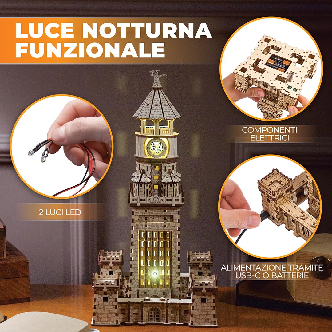 Ugears Faro di Alessandria 3D Puzzle - Kit Fai Da Te per Adulti 3D Puzzle in Legno per Adulti con LED Notturno - Kit di Modelli da Costruire Artigianato Puzzle in Legno Regalo Perfetto - 340 Pezzi