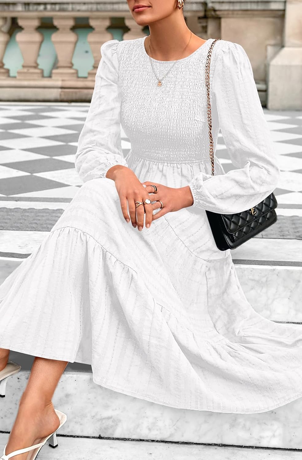 PRETTYGARDEN Womens Long Sleeve Fall Dresses Casual Crew Neck Smocked High Waist Tiered Flowy Maxi Dress with Pockets - Image 6