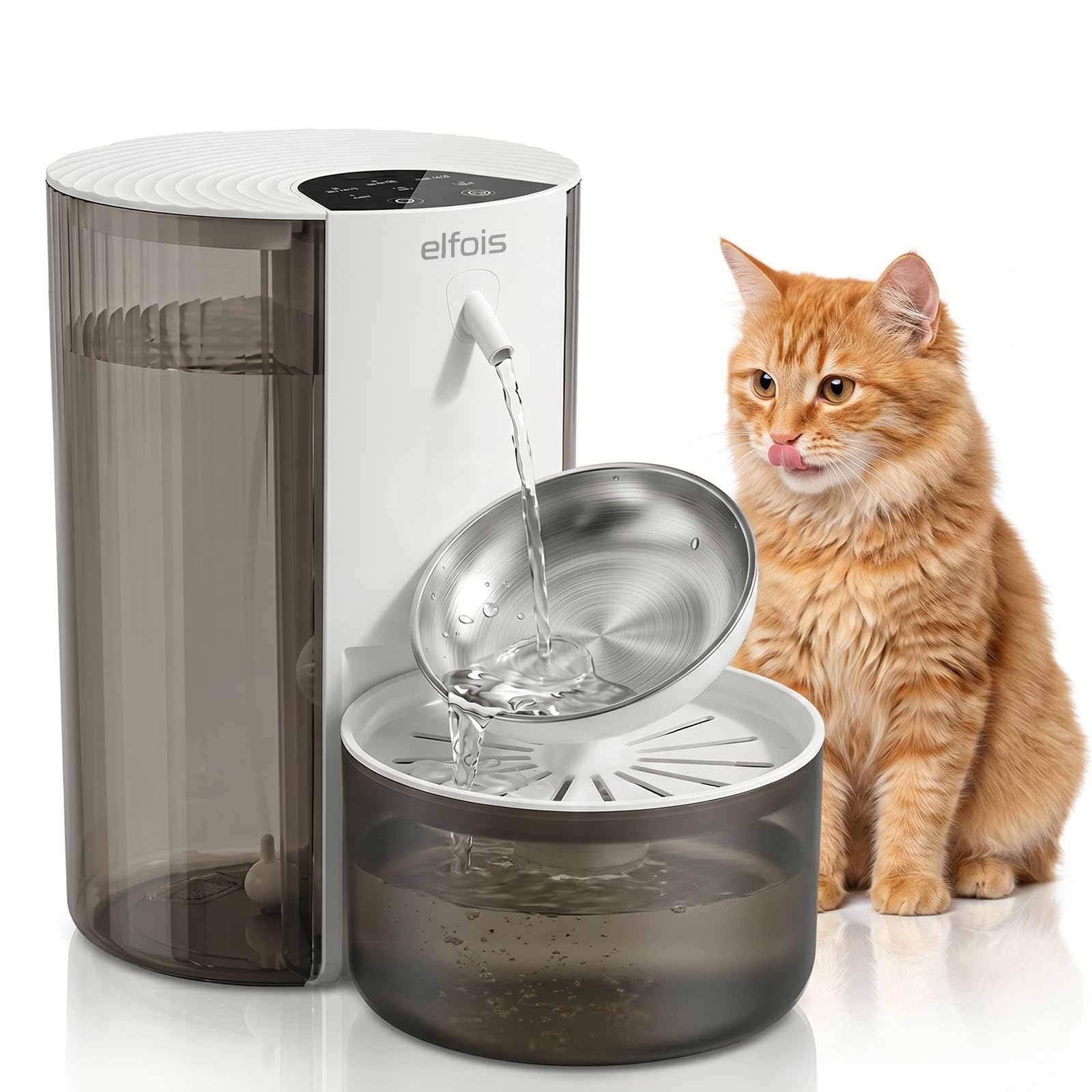 Cat Water Fountain No Filter, Cordless Rechargeable Pet Water Dispenser with 3L Large Capacity, Clean & Dirty Water Tanks, Stainless Steel Bowl for Cats Small Dogs