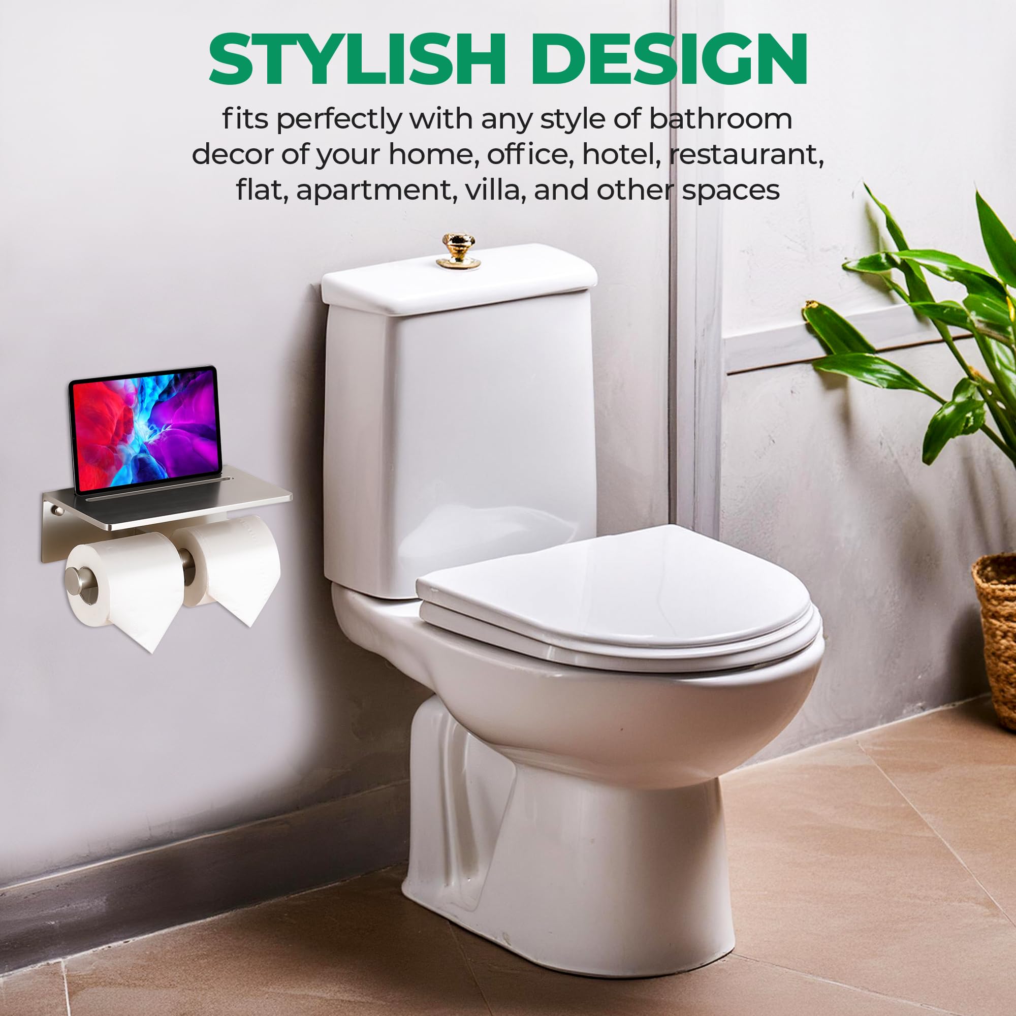 Toilet Paper Holder with Phone Shelf - Aluminum Double Roll Tissue Holder — Amazon image 4