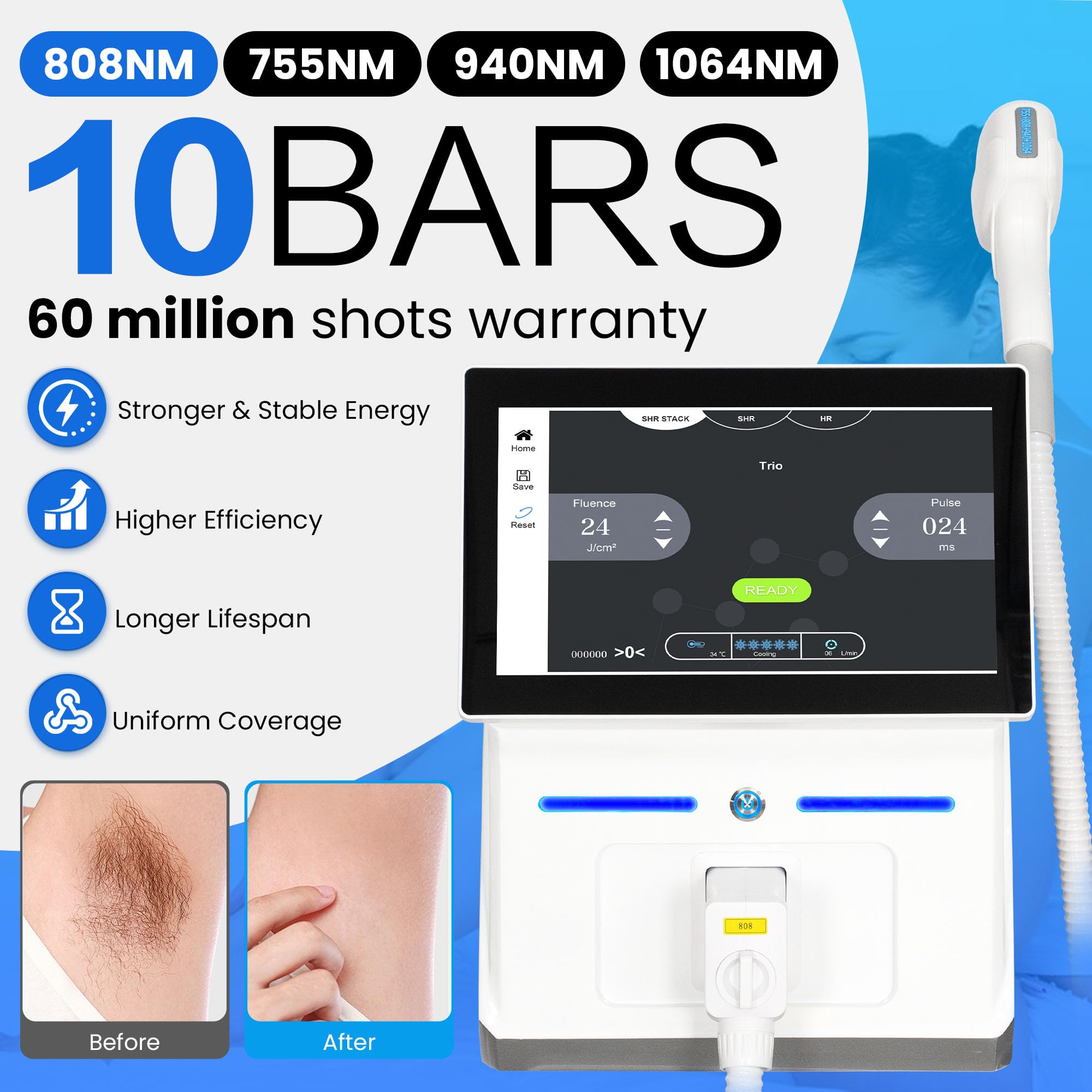 Myoslim Laser a Diodo Professionale per Epilazione, 4 lunghezze d’onda 755 808 940 1064 nm | 10 barre laser sistema di raffreddamento del ghiaccio Epilazione completa del corpo a casa o in un centro estetico