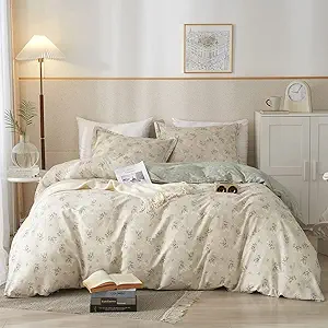 VM VOUGEMARKET Cotton Duvet Cover Set King,Grey Green Flower Duvet Cover Matching 2 Pillow Shams,Aesthetic Garden Style Bedding Set for Girls Women- 104"x90",Grey Green