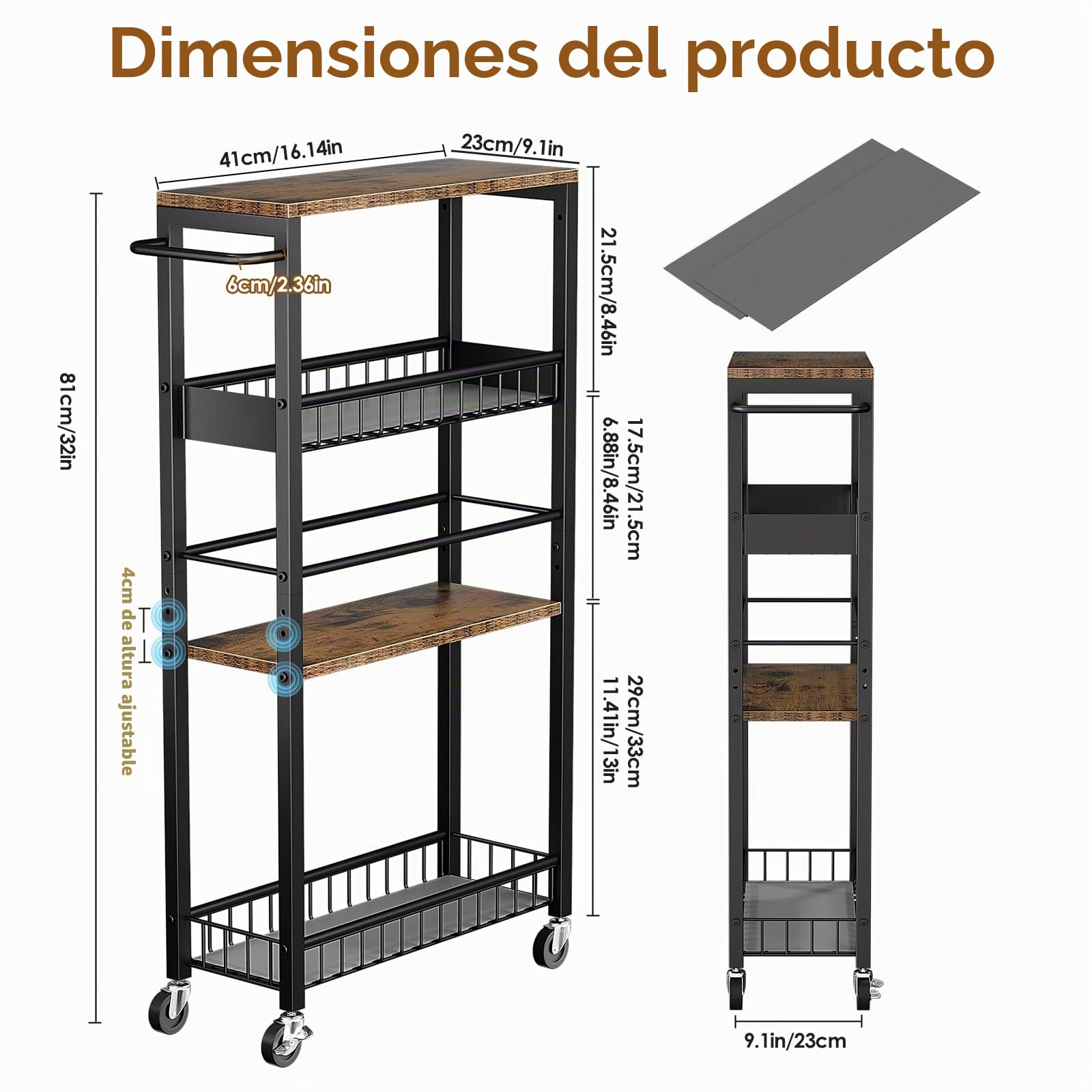 Carro de Almacenamiento Delgado con Ruedas, Carrito Pequeño de 4 Niveles con Manija, Profundidad de 9,1", Altura Ajustable, Estante Móvil Multiusos para Cocina, Baño, Lavadero, Negro + Marrón