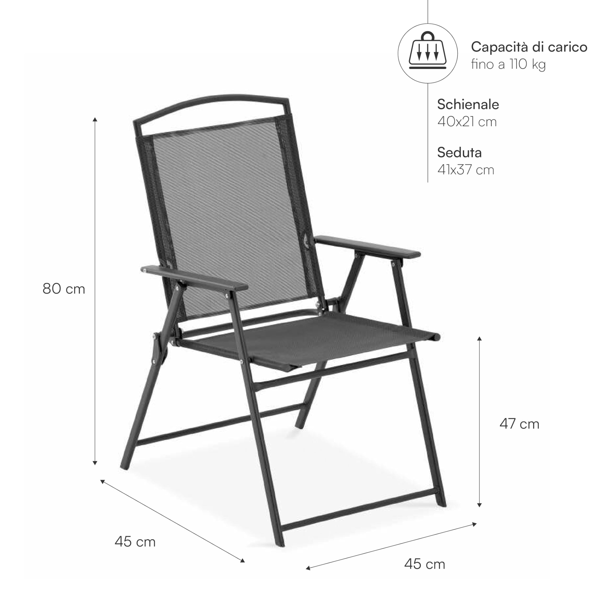 Baroni Home Lot de 4 chaises de jardin pliantes avec accoudoirs, chaises d'extérieur pliables et peu encombrantes, tissu respirant et imperméable, idéales pour terrasse, balcon et jardin (4, noir)