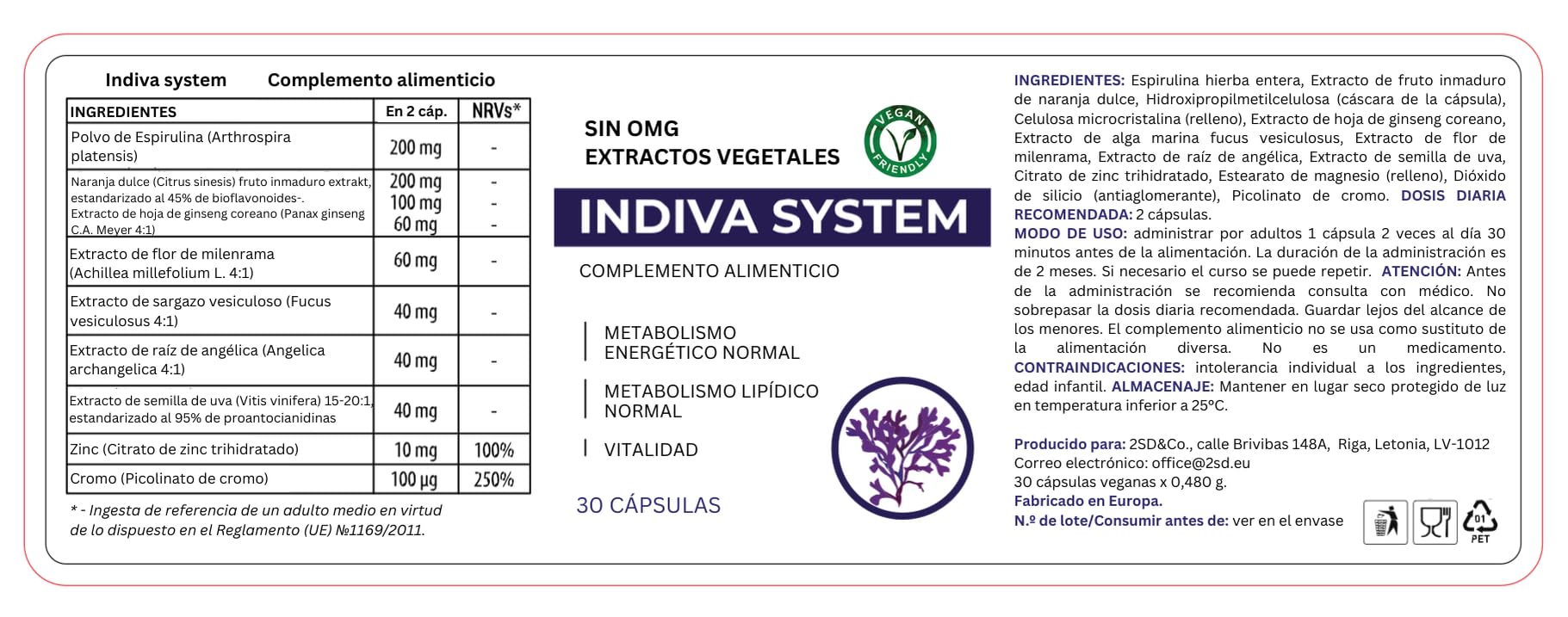 Indiva System, Integratore Alimentare 30 Capsule, con Spirulina e Caffeina