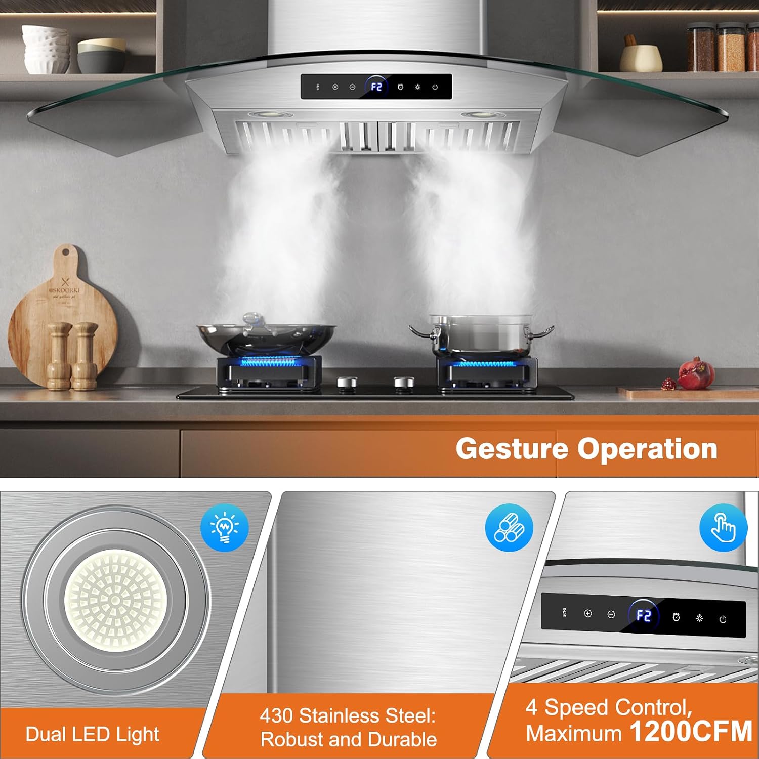 30 Inch Wall Mount Range Hood 1200CFM, 4-Speed Wall Mount Range Hood with Touch Control & Gesture Sensing Stainless Steel Kitchen Stove Vent Hoods with 2 LED Lights Beverage Refrigerator