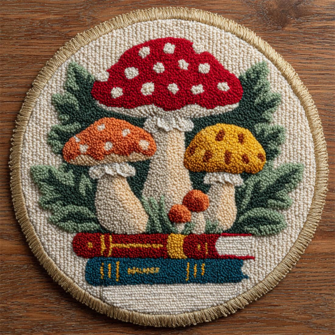 Rqwybcaxn DIY Rug Latch Hook Kits for Teens Needlework Kit Cartoon Mushrooms and Books 80x80cm Round Easy Pattern Floor Mat Study Handmade Art