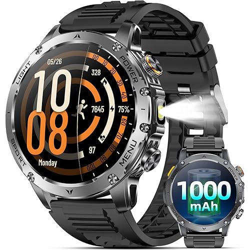 Military Smart Watches for Men, 1.7″ Smart Watch with 1000 mAh Battery, Led Flashlight, Answer/Make Calls, IP68 Waterproof, Heart Rate/Sleep Monitor 100+ Sport Modes Fitness Watch for Android/iPhone