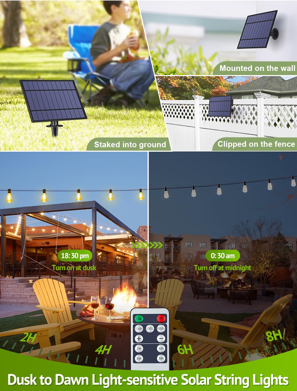 Larkvue Guirnalda de luces solares de 48 pies para exteriores con control remoto, luces de patio regulables impermeables con 15 + 1 bombillas LED ST38, 3 modos de iluminación colgante para patio