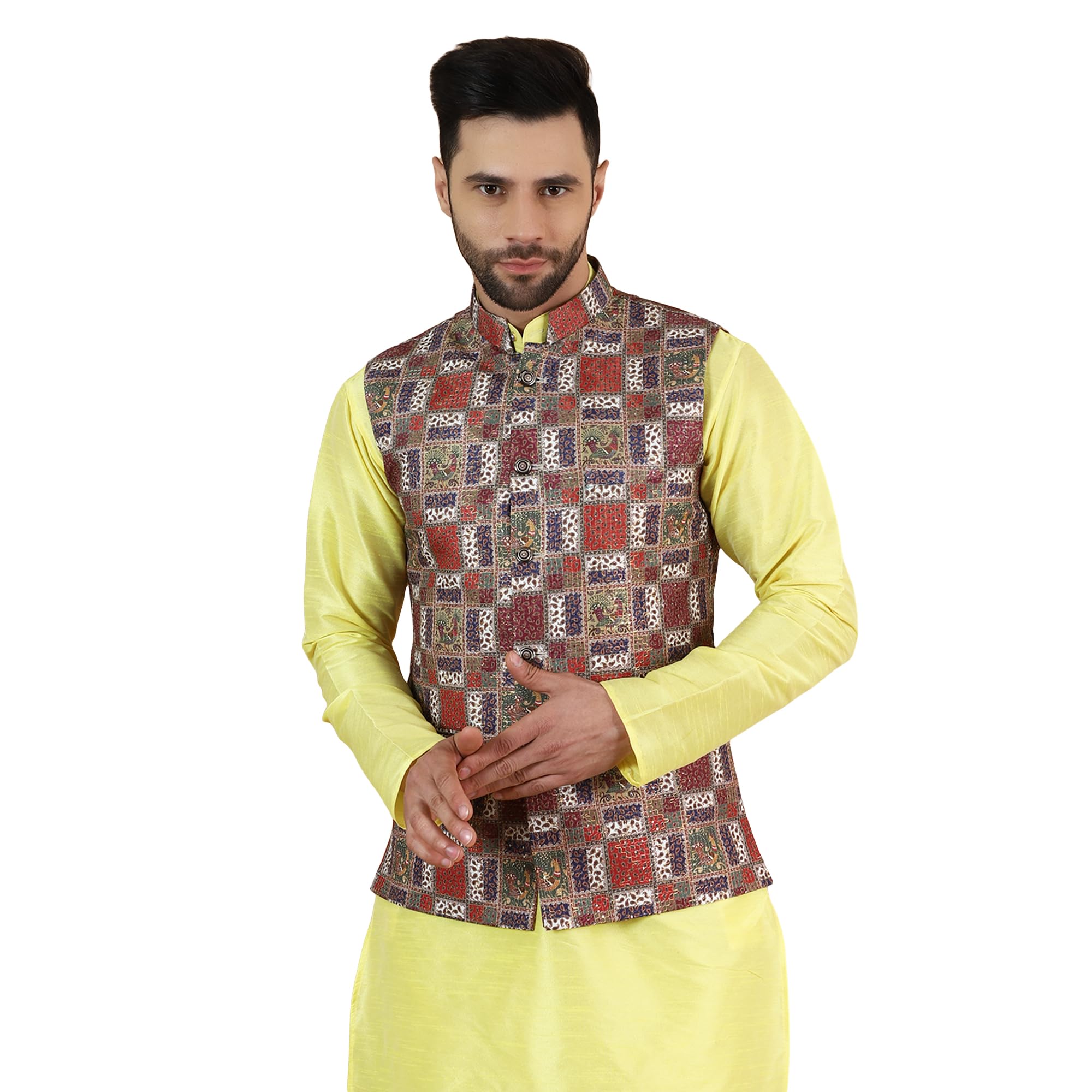 wintage Men's Digital Print Cotton Silk Brown Modi Nehru Jacket-picture-50