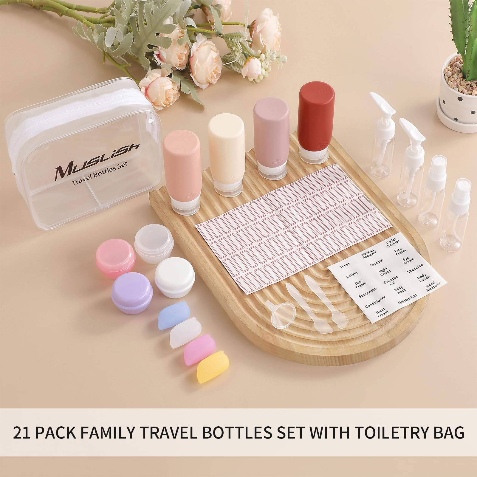 Muslish 21 Pack Travel Bottles for Toiletries, Leak-Proof TSA Compliant Silicone Travel Size Containers for Shampoo and Conditioner, BPA Free with Toiletry Bag (Cream)