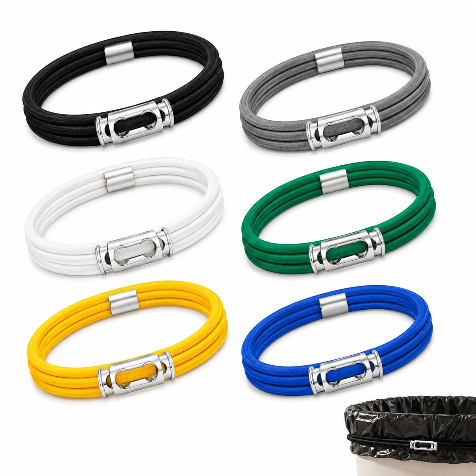 Solvind 6 Pack Large Trash Can Rubber Bands, Elastic Bin Liner Straps for 13-30 Gallon Garbage Bins, Durable Reusable Elastic Bands for Kitchen Storage Bundling