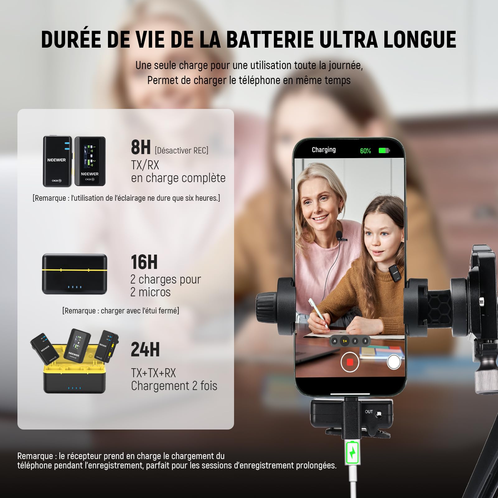NEEWER CM28 Système de microphone sans fil Lavalier avec étui de chargement, 2 clips de micro, stockage de 4 Go, autonomie de 9 heures, micro-cravate compatible avec iPhone/Android/PC/appareil photo