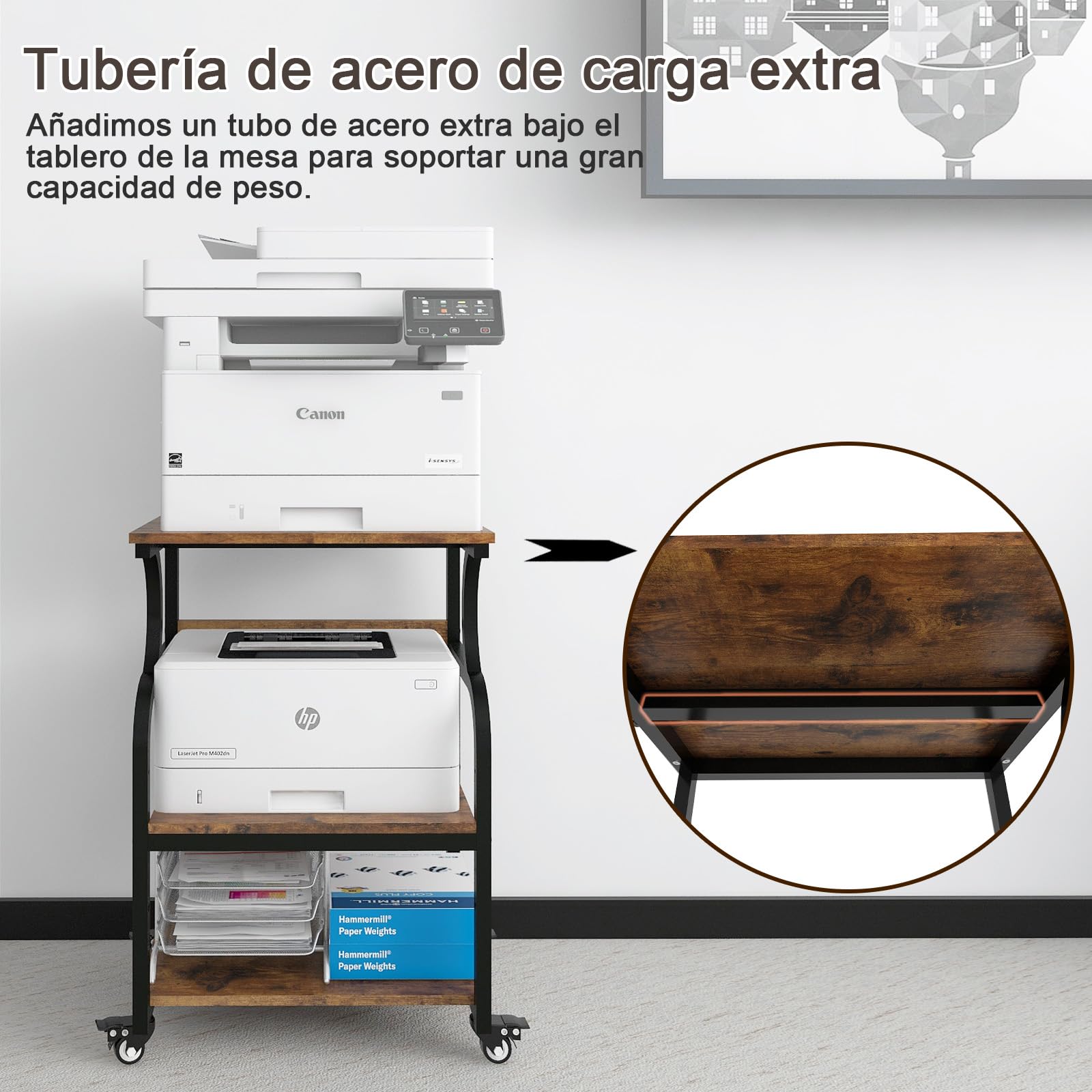 PUNCIA Mesa para Impresora 60 x 50 cm Ajustable en Altura Soporte para Impresión de 3 Niveles con Ruedas Móvil de Madera y Metal Carrito Estante de Almacenaje para Oficina Escuela Estudio Retro
