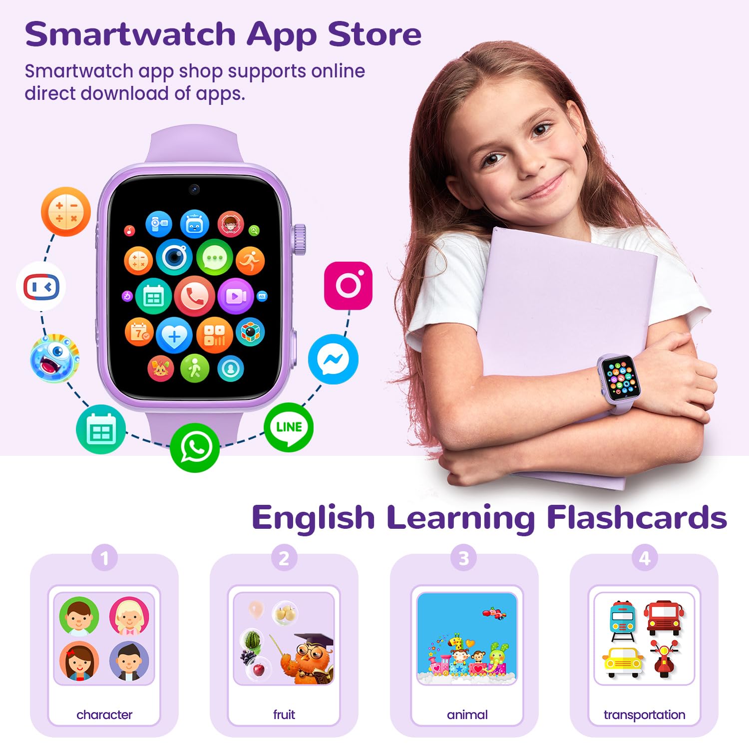 4G Smartwatch Bambini con Chiamate, Videochiamate, Chat Vocale, WiFi, GPS, SOS, SMS, Impermeabile IP68, modalità Scuola e Contapassi, Schermo HD da 1.83'' Viola