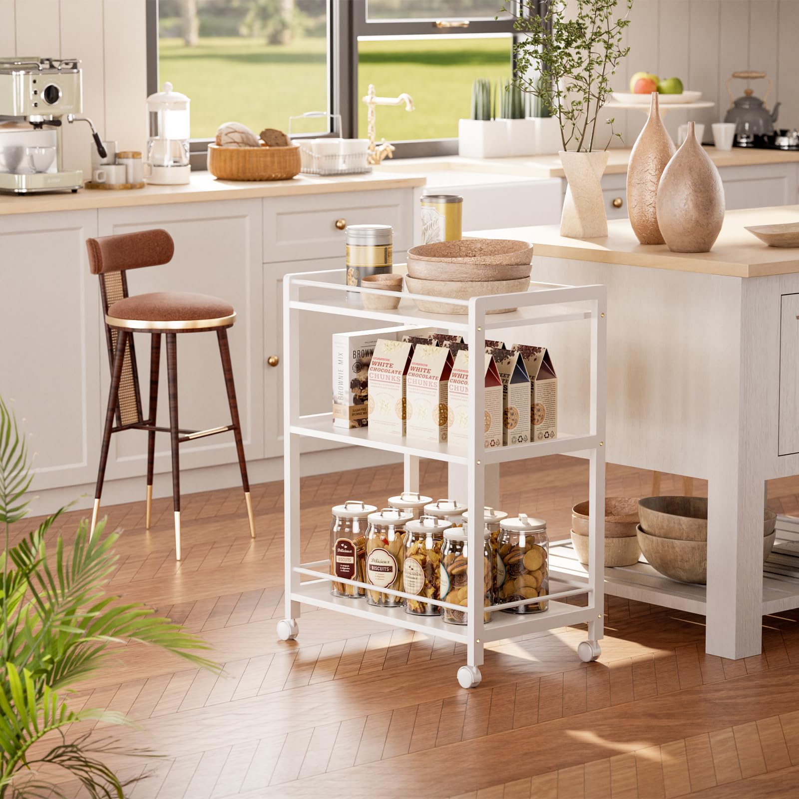 HITNET Chariot de Bar Blanc, Desserte pour Boissons, Chariot de Service à 3 Niveaux sur roulettes, Chariot de Cuisine Roulant pour la fête à la Maison