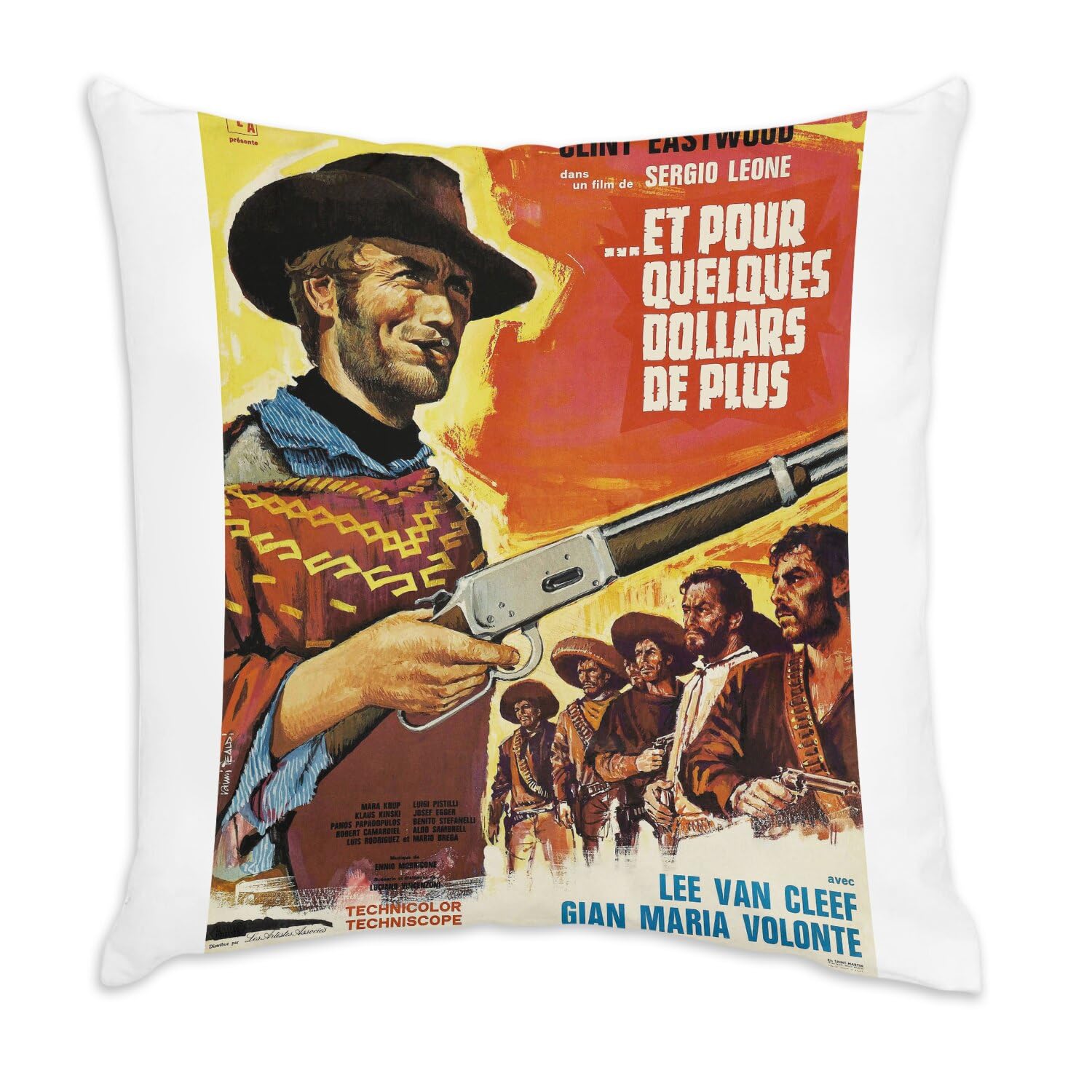 Coussin en velours blanc 40x40 cm imprimé avec l'affiche rétro du film Pour quelques dollars de plus