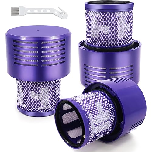 V10 Filters for Dyson V10 Cyclone Series, V10 Animal, V10 Absolute, V10 Total Clean, SV12, Part No. 969082-01, 3 Pack Filters and 1 Clean Brush.