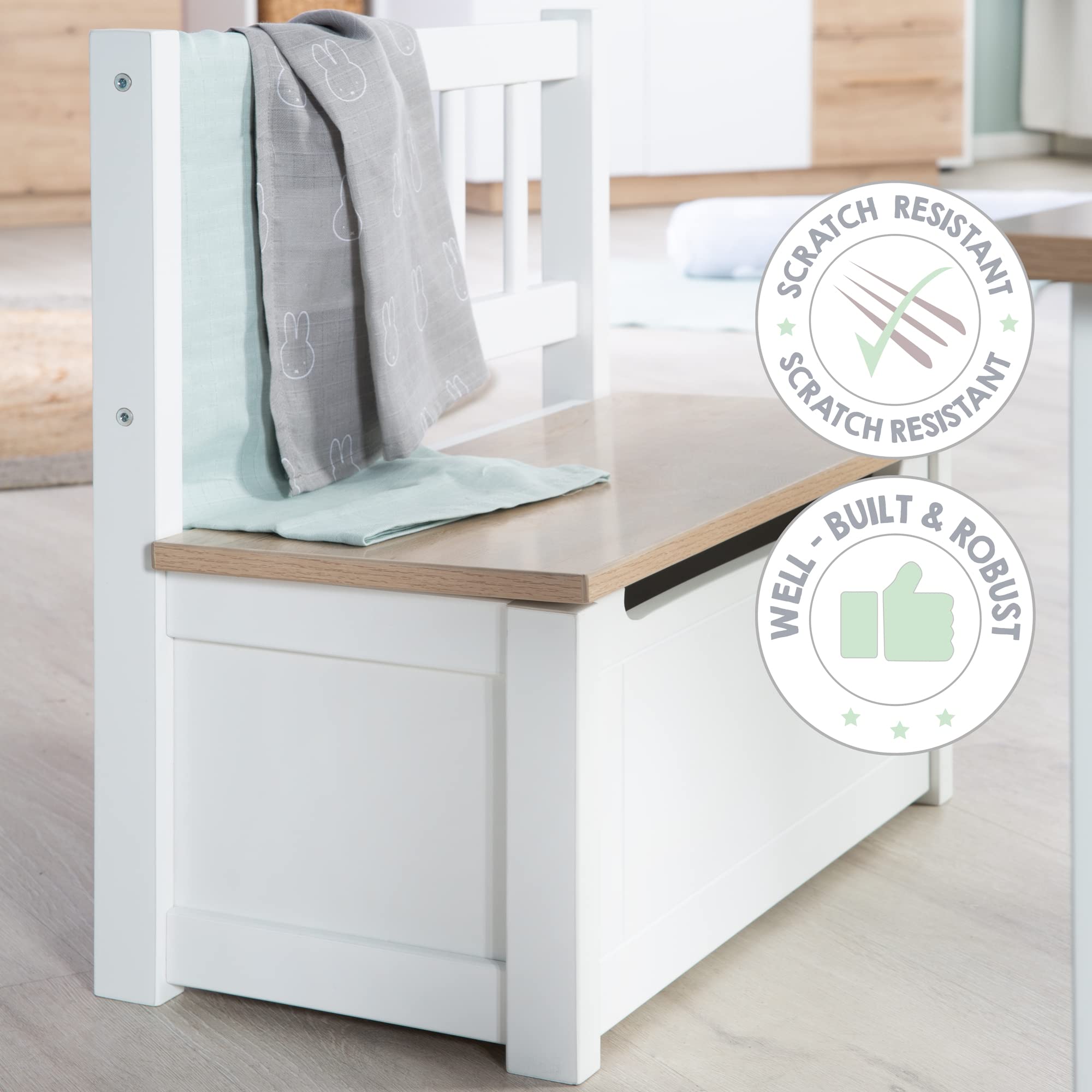 roba Panca per Bambini Woody - Cassapanca per Giocattoli - Freno per il Coperchio Incluso - Mobili per la Cameretta - dai 18 Mesi - Aspetto del Legno/Bianco