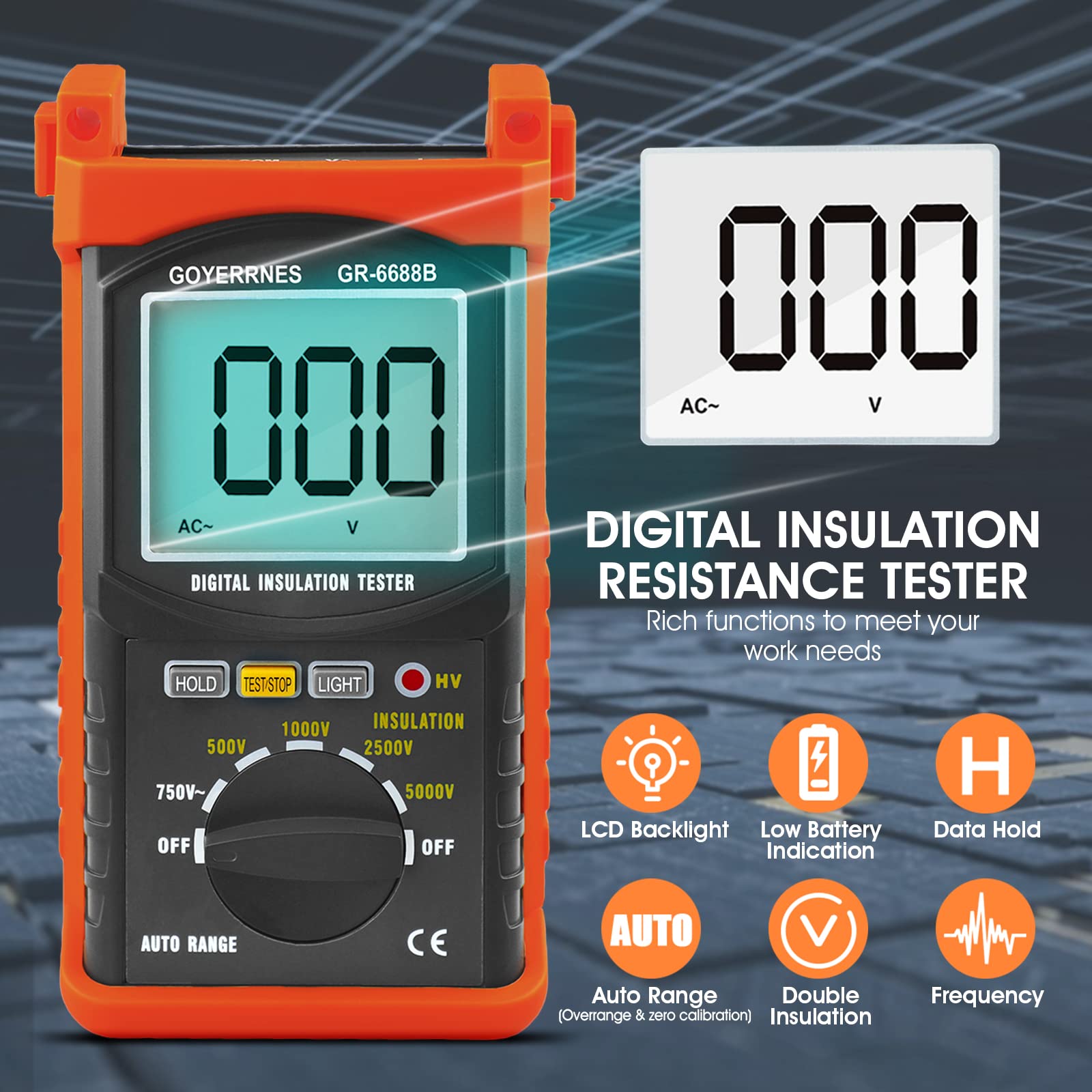 Megaohmmetro portatile GR-6688B 200GΩ Tester resistenza isolamento 500V-5000V