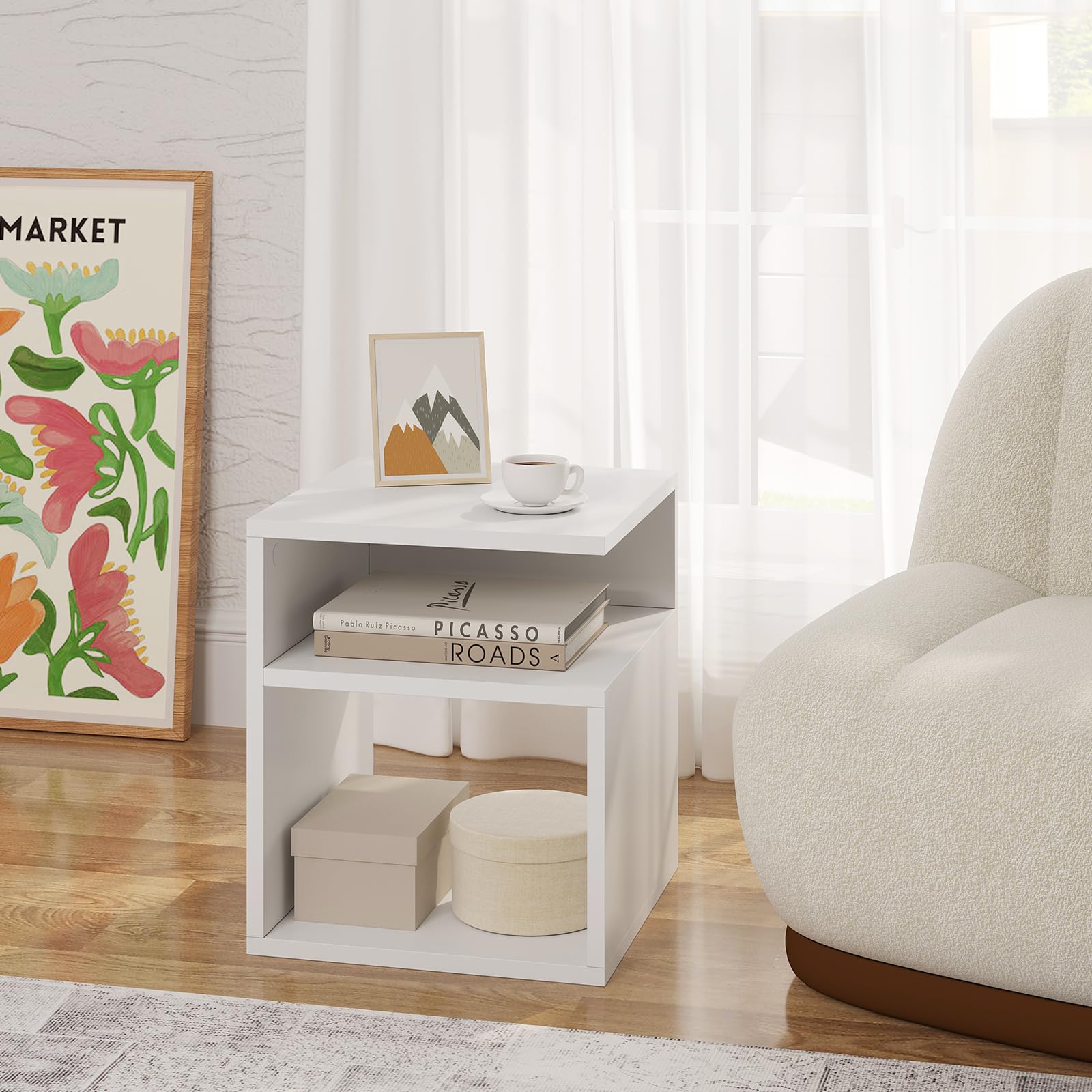 EUGAD Set di 2 Comodini a 3 Ripiani, Tavolini da Notte Bianchi Moderni per Camera da Letto, Mobili Salvaspazio, in Legno, 35x35x41,5 cm