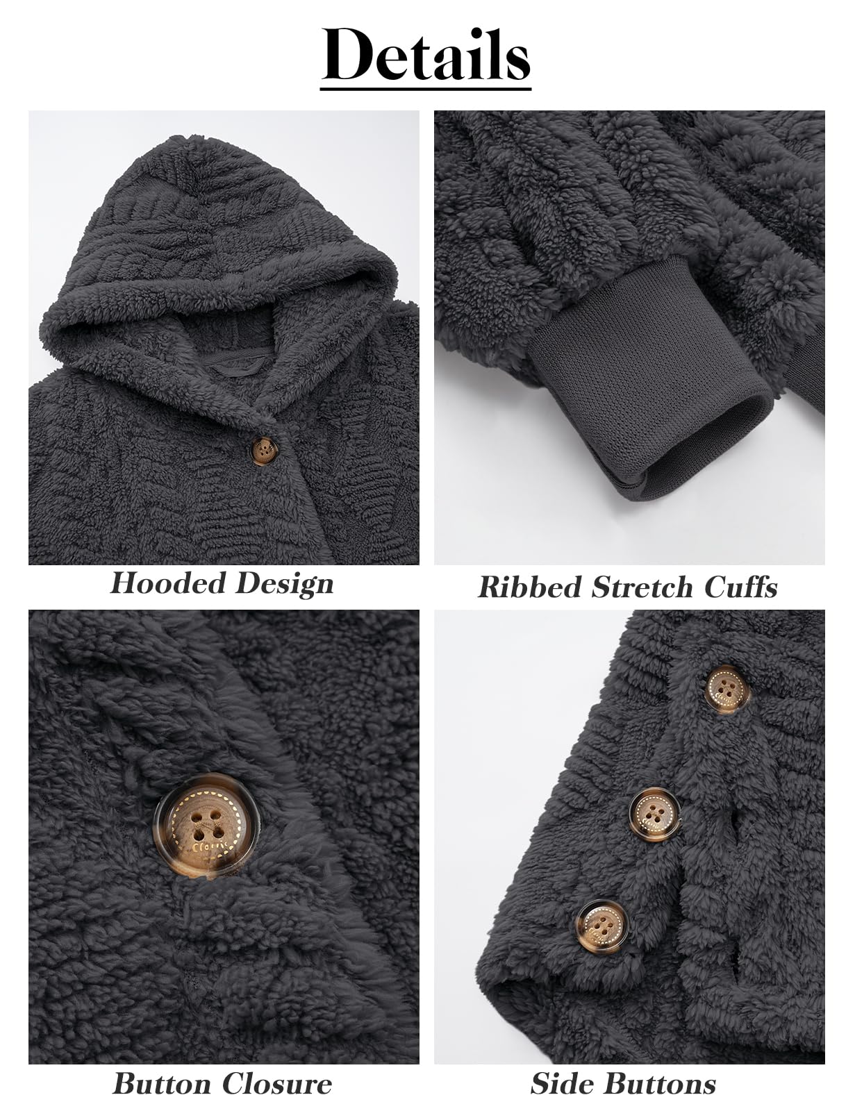 heekpek Fleecejacke Damen lang mit Kapuze Teddyjacke mit Knopfverschluss