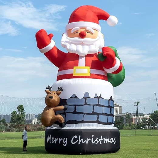 33FT Giant Inflatable Santa Outdoor Christmas Decoration, Premium 210D Oxford Cloth Large Blow Up Santa Claus in Chimney with Reindeer for Holiday Party Patio Garden Lawn, Xmas (1100W Air Blower)