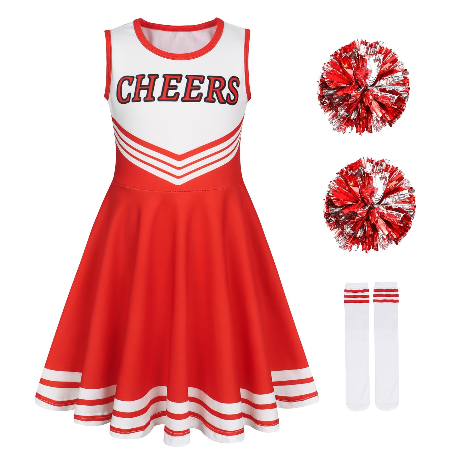 Berich Cheerleader Outfit Kids Dress Up with Pompoms Socks Princess Costumes for Girls Halloween Uniform Outfit Therm Party Clothing Girls Cheerleader Costume Red 10-11 Years,150