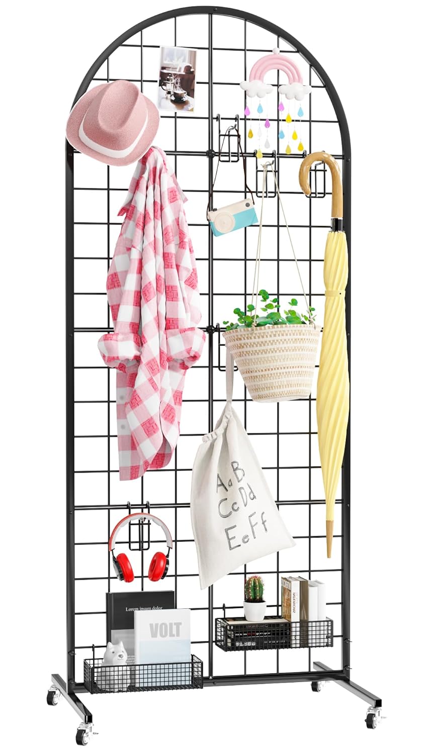 Aseem 2' x 5.2' Black Grid Wall Panel Display Stand - Movable Floorstanding Wire Rack with T-Base for Retail, Crafts & Home Storage