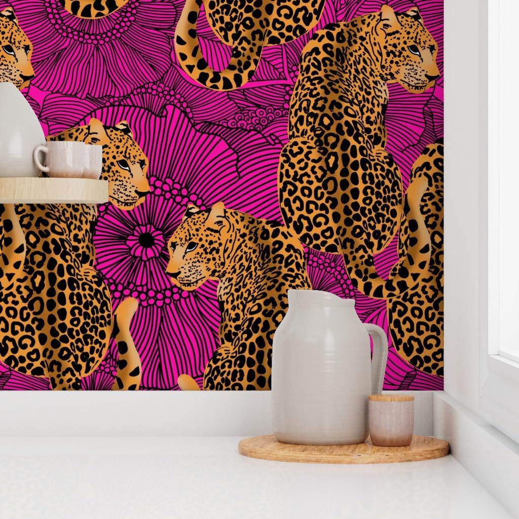 Spoonflower Peel & Stick Wallpaper Swatch - Maximalist Leopard Hot Pink Large Safari Zoo Bright Bold Custom Removable Wallpaper
