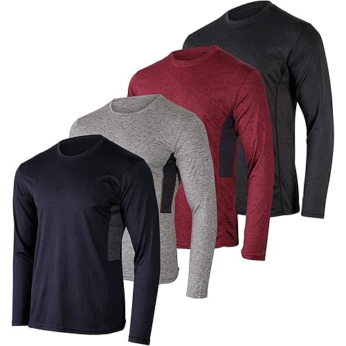 4 Pack: Men's Dry-Fit Moisture Wicking Performance Long Sleeve T-Shirt, UV Sun Protection Outdoor Active Athletic Crew Top