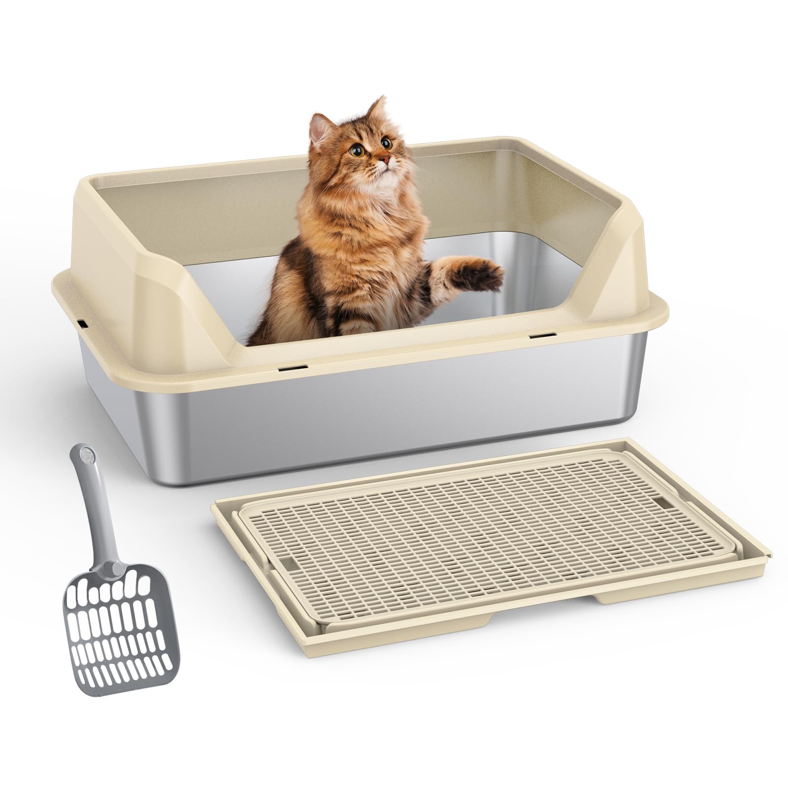 Arenero Acero Inoxidable Gatos, Arenero Gato Grande XXL con Protección contra Salpicaduras, Borde Alto Extraíble, Grande 50x35x25cm para Hogares Varios Gatos, Resistente a Los Olores Duradero (C)