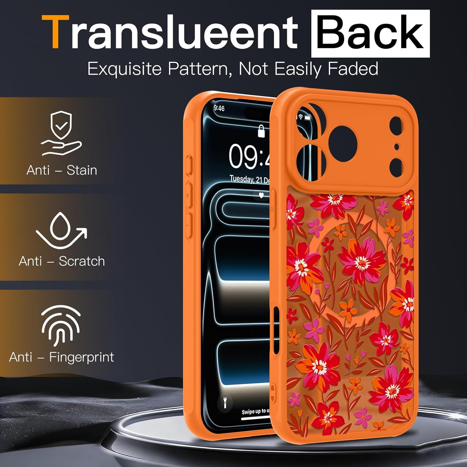 Magnetic Case for iPhone 17 Pro Max [Compatible with MagSafe] Cute Floral Flower Design Translucent Matte Anti-Scratch Shockproof Phone Cover for Women Girls, Orange