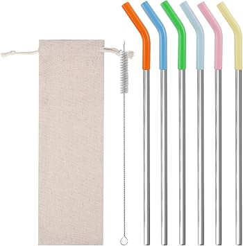 6Pcs 9" Metal Straws with Silicone Tip Stainless Steel Straw | Reusable Drinking Straws Set with Cleaning Brushes and Bag for Cocktail Glasses 20 30 32oz Tumblers Cups