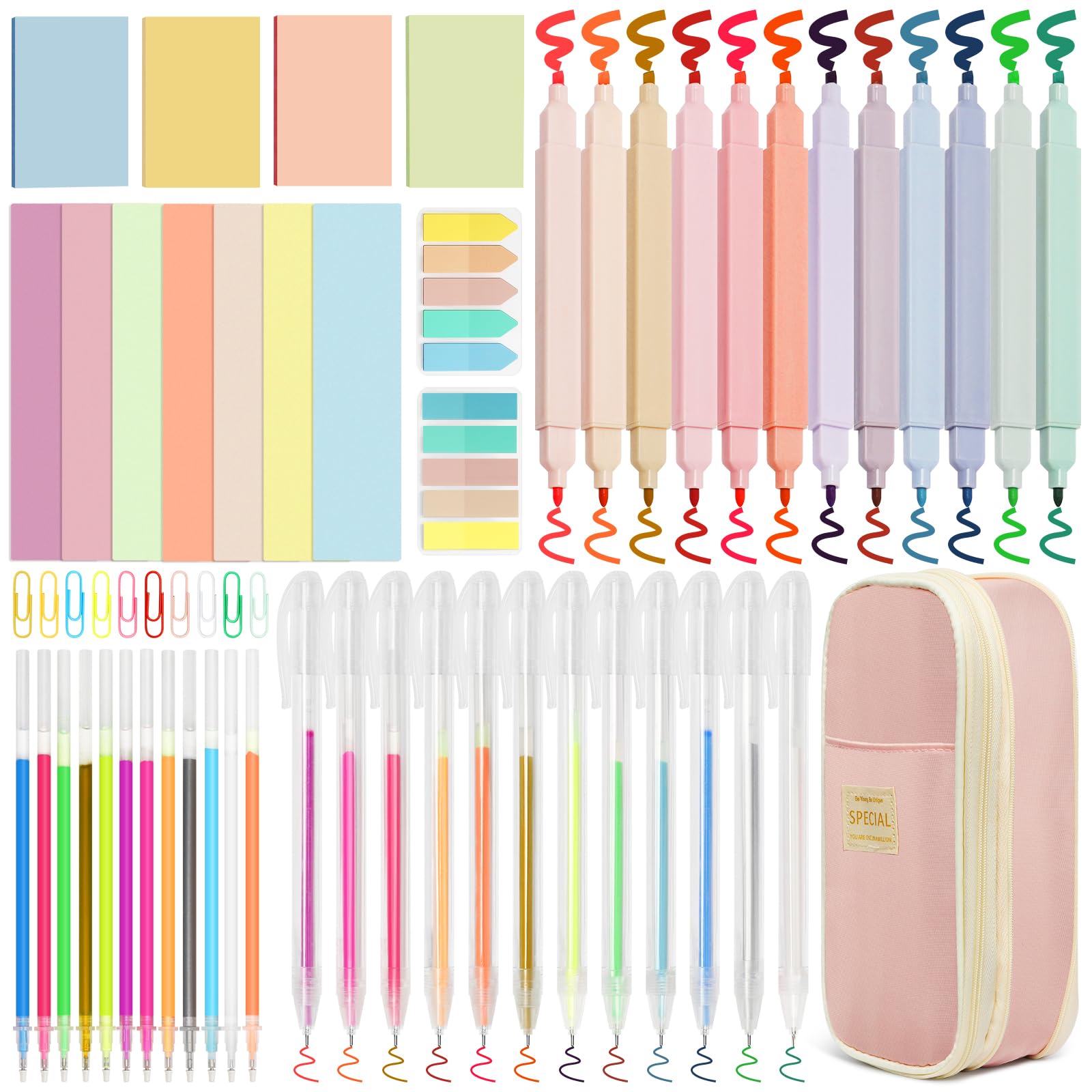 Kaluofan Aesthetic Stationery Set, 103 PCS Pencil Case with Stationery Included, Highlighter Pens and Cores Double Head Pastel Highlighter Sticky Notes Traction Sticker Pen Bag Paper Bookmarks Clips