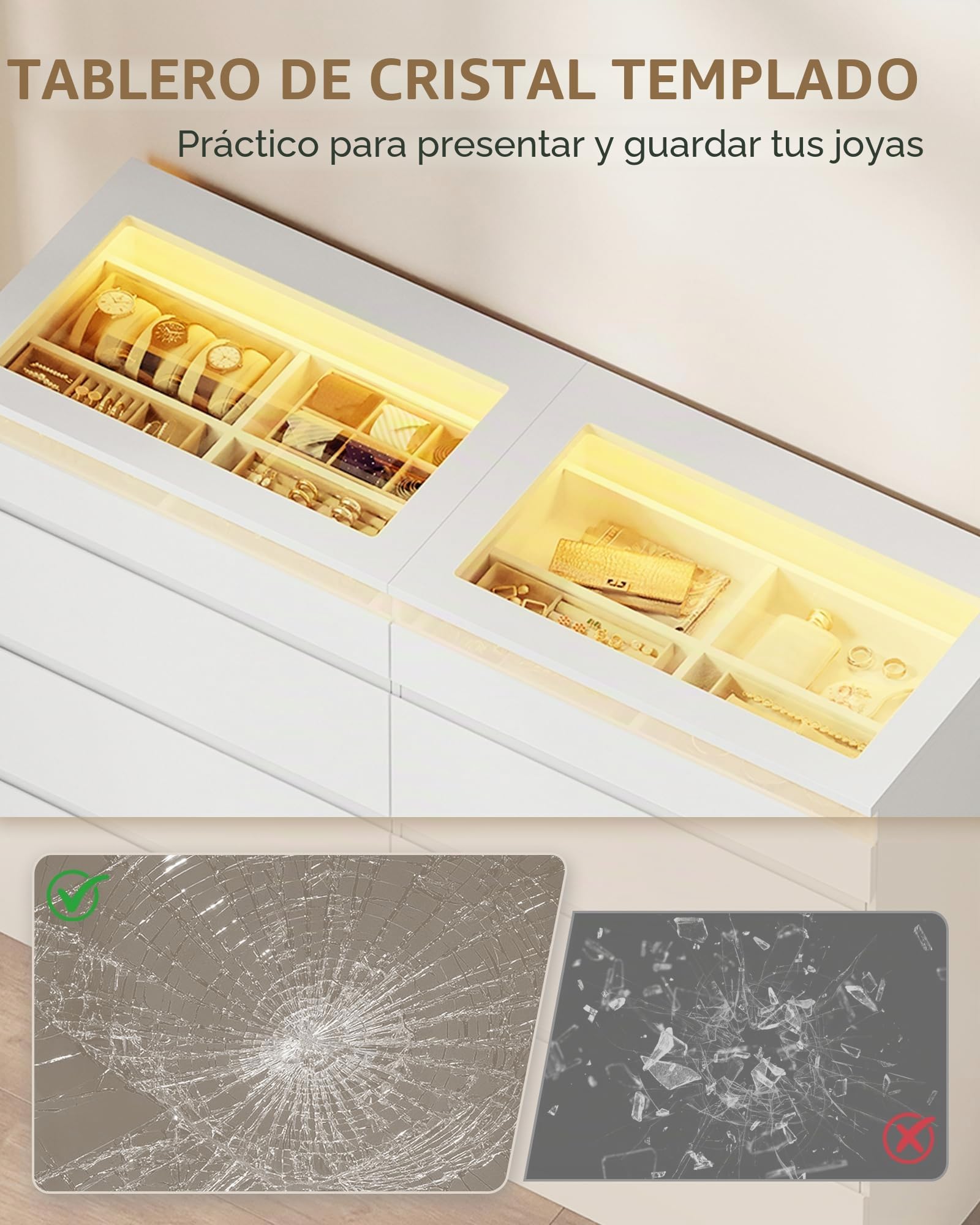Hzuaner Cómoda Equipada con LED, Cómoda para Dormitorio con Encimera de Vidrio, Mueble Moderno para TV de Salón, 8 Cajones, Adecuado para Pasillo, Sala, Recibidor 40 x 120 x 80 cm Blanco 1212003XEU