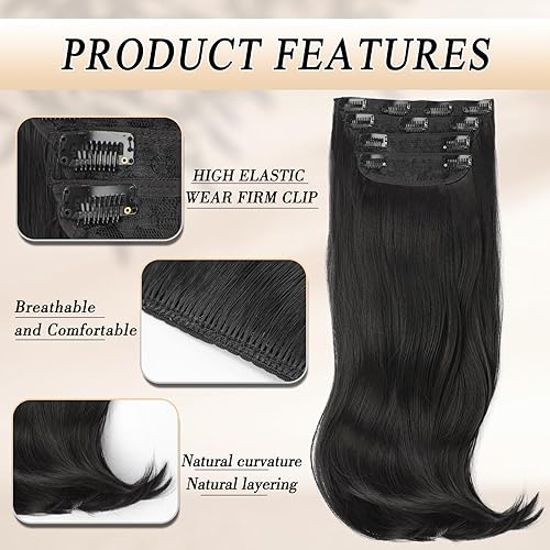 Miniatura 4 de Extensiones de cabello para mujer, 20 pulgadas, color negro, largo en capas, con clip, sintético, resistente al calor, uso diario