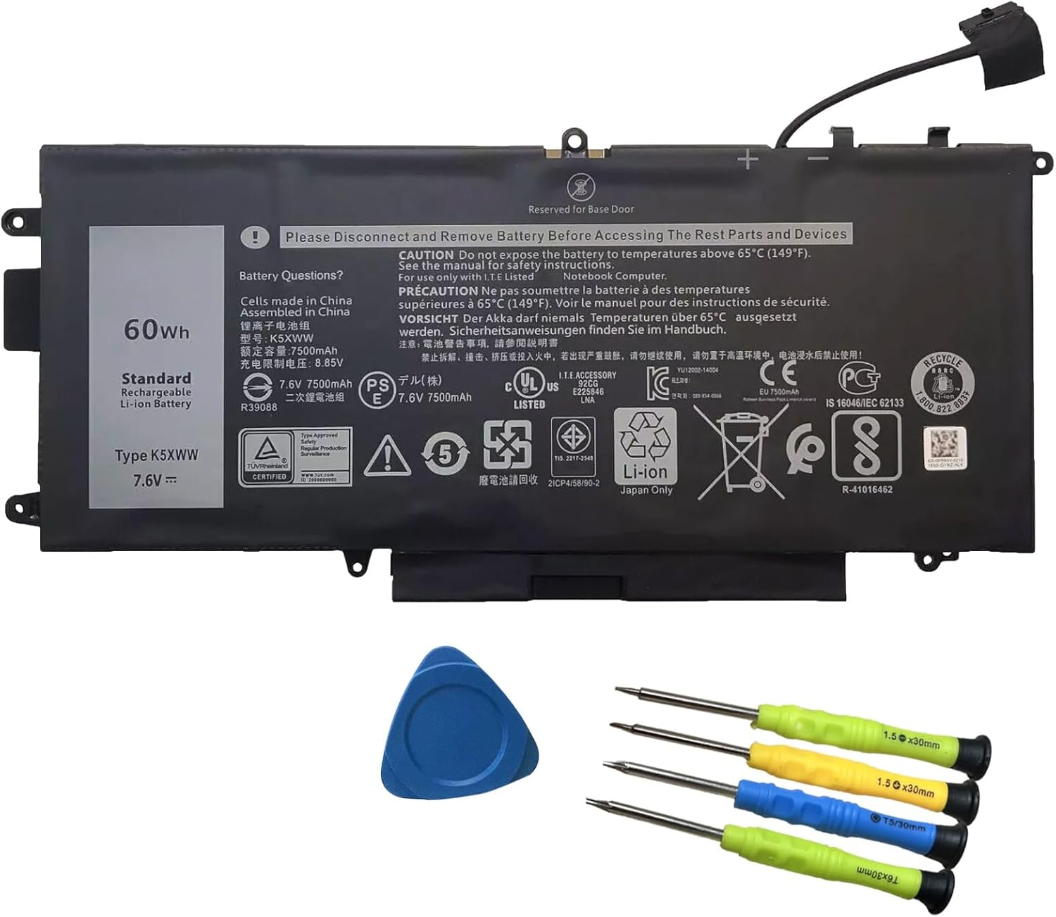 K5XWW Battery Replacement for Dell Latitude 7389 Latitude 7390 Latitude 12 5000 5289 2-in-1 L3180 E5289 P29S001 P29S002 Series Laptop 451-BBZC 6CYH6 71TG4 725KY N18GG CFX97 7.6V 60Wh 4 Cell