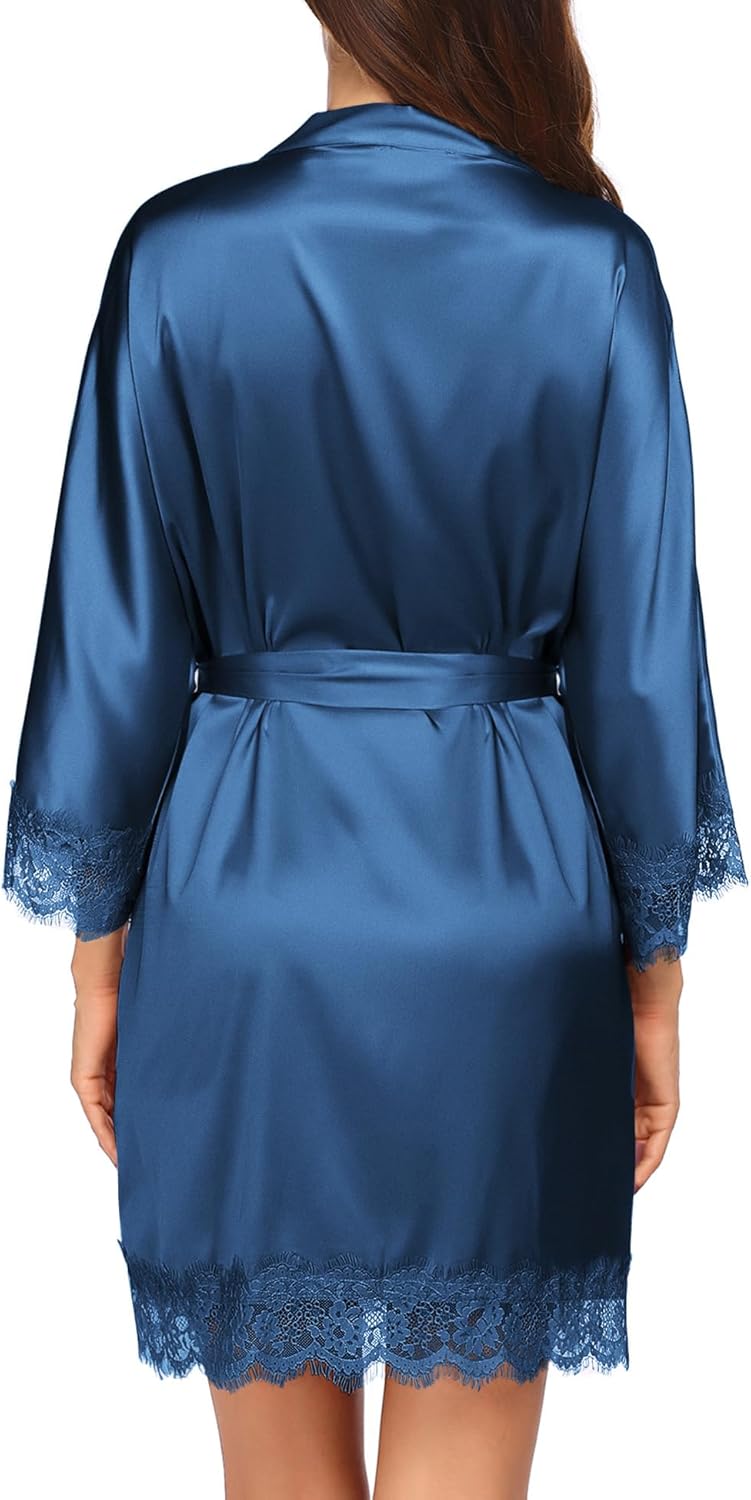 Ekouaer Womens Silk Robe Short Lace Trim Satin Robe 3/4 Sleeve Sexy Kimono Bride Bathrobe Comfy Sleepwear with Pockets - Image 4