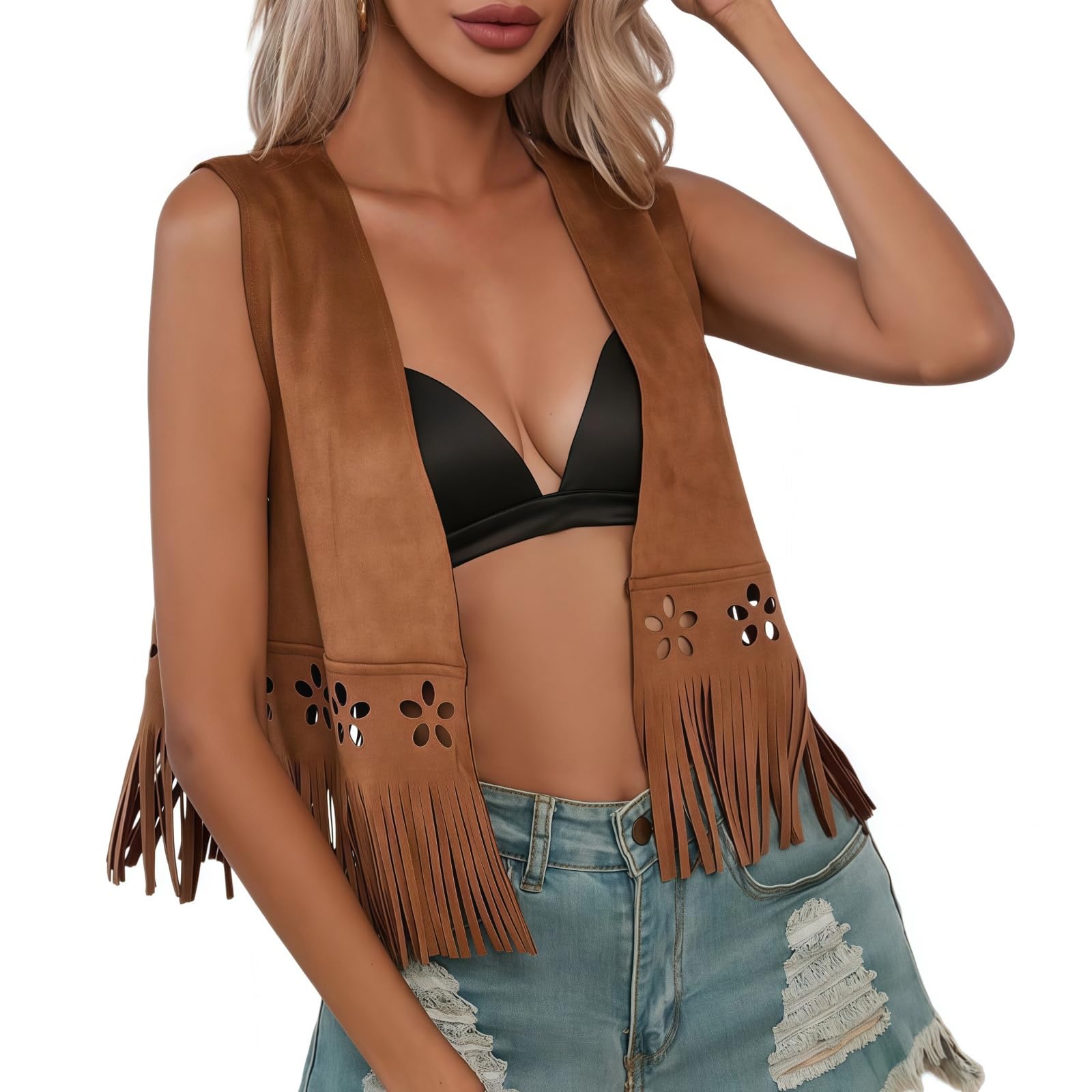 Samheng Women's Brown Fringe Cowgirl Waistcoat Sleeveless Faux Suede Tassel Vest Denim Gilet Western 70S Hippie Outfit Streetwear Outerwear, /M