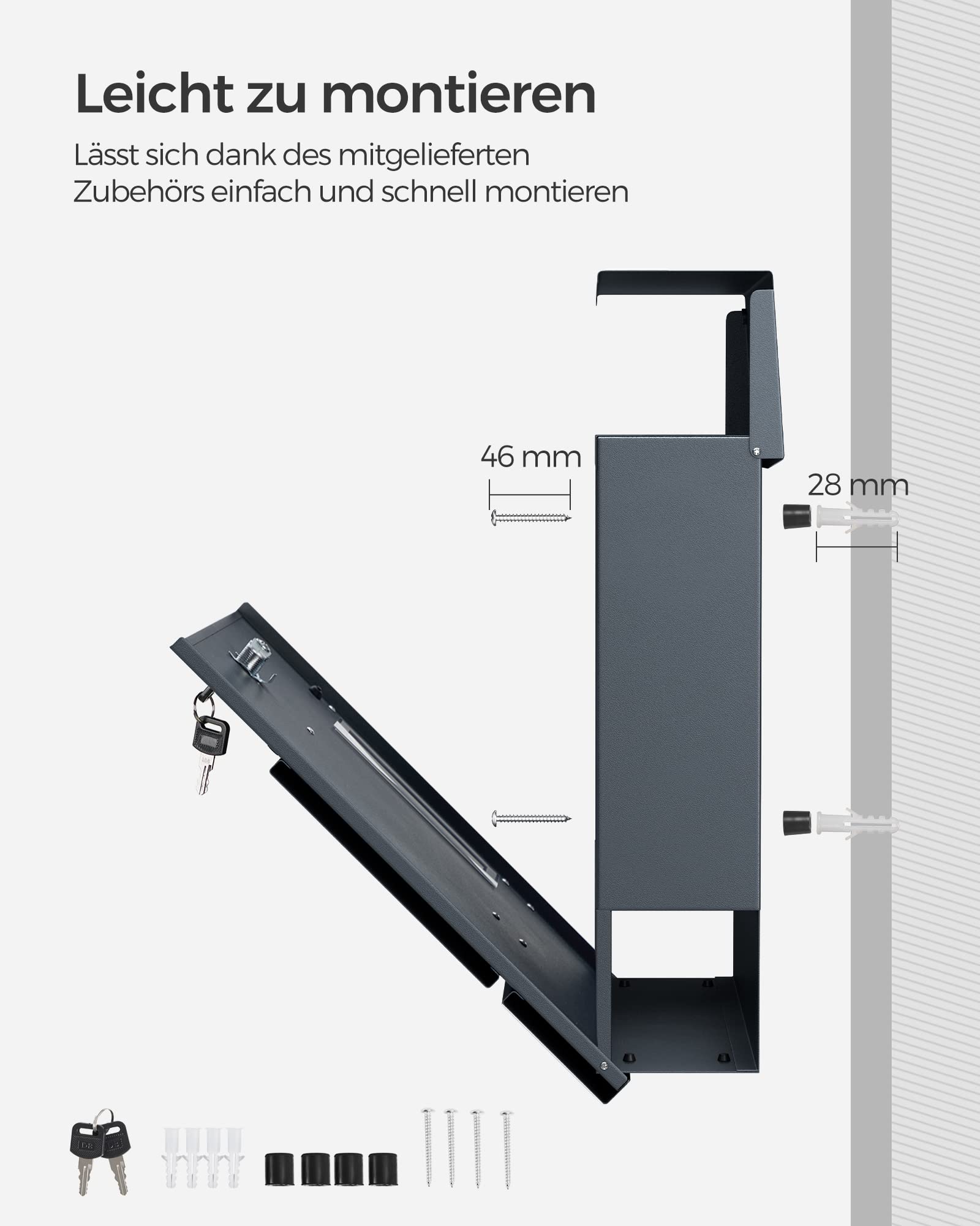 SONGMICS Briefkasten personalisiert, lasergraviertes Namensschild und Hausnummernschild, Postkasten, Zeitungsfach, V-förmiges Sichtfenster, Schloss, modern, anthrazit-silbern GMB081G01