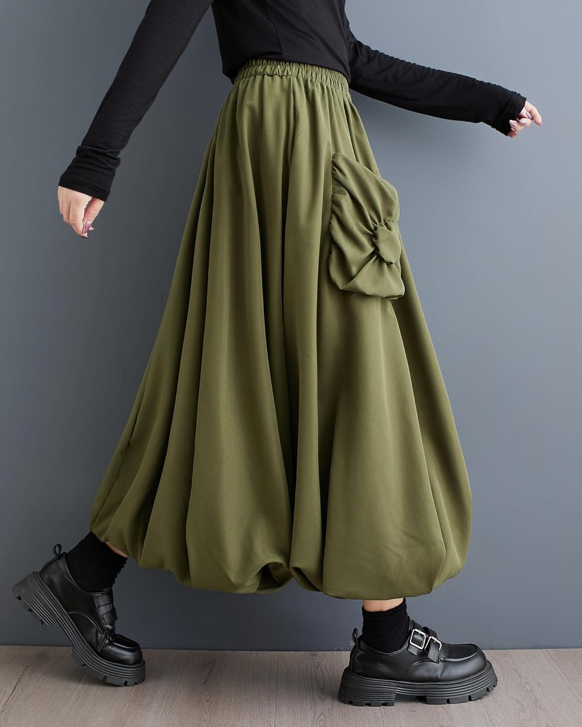 Women's Skirt Wide Legs Elastic Two Side Pockets Flowy Hem Solid Color Baggy Loose Oversize GZ268