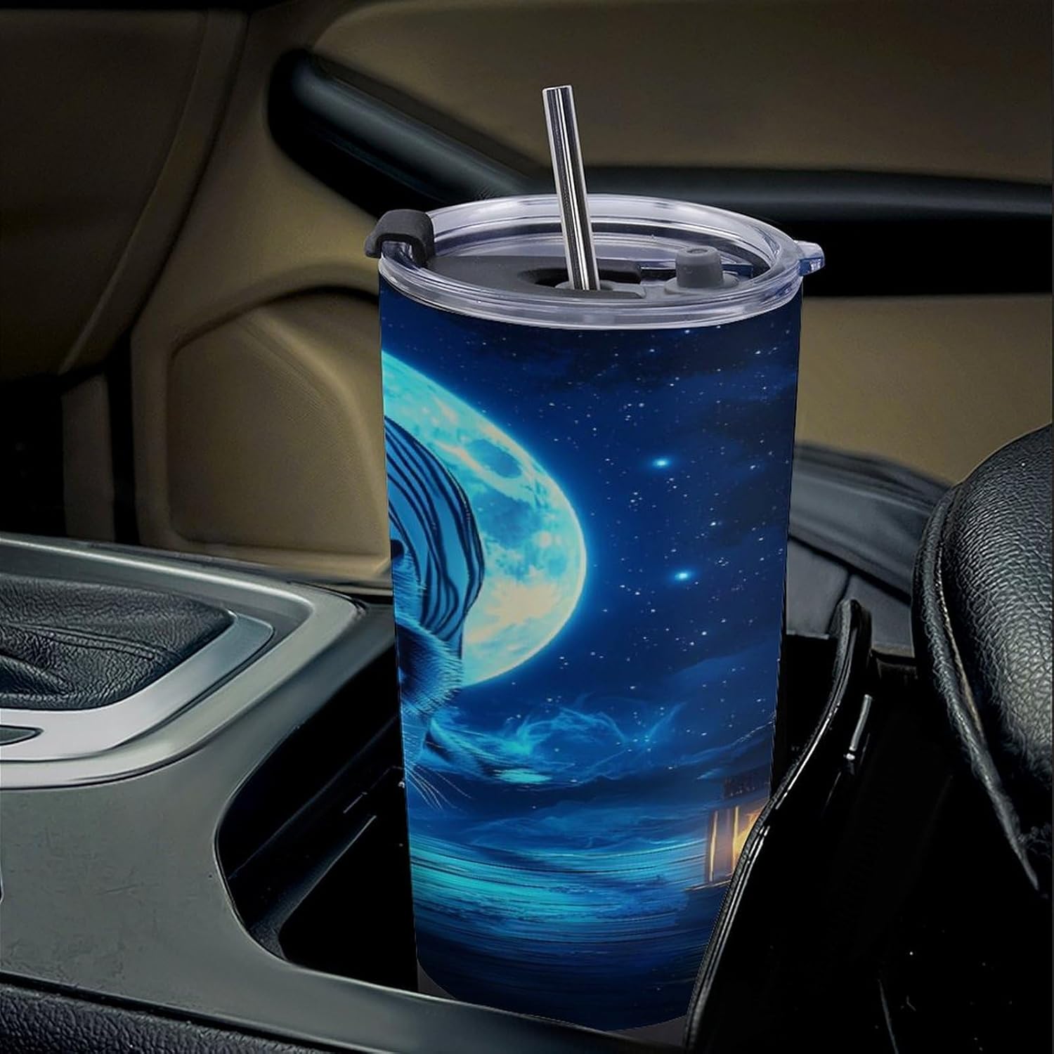 White Tiger Moon Starry Sky Travel Coffee Mug Stainless Steel Insulated Tumbler Water Bottle Tea Cup for Home Office