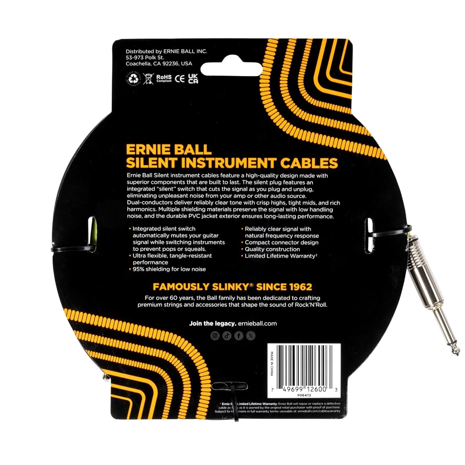 Ernie Ball Classic - Cable de instrumento silencioso recto/recto con paño para instrumentos Zorro, paquete de 2 (negro, 10 pies)