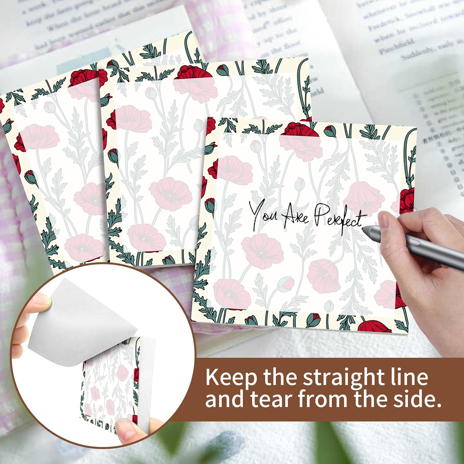 Sticky Notes 3x3 Inches, Cute Self-Stick Pads, Funny Self-Sticky Note Pads for Office, Home, Organization Cute Red Floral Leaf image 4