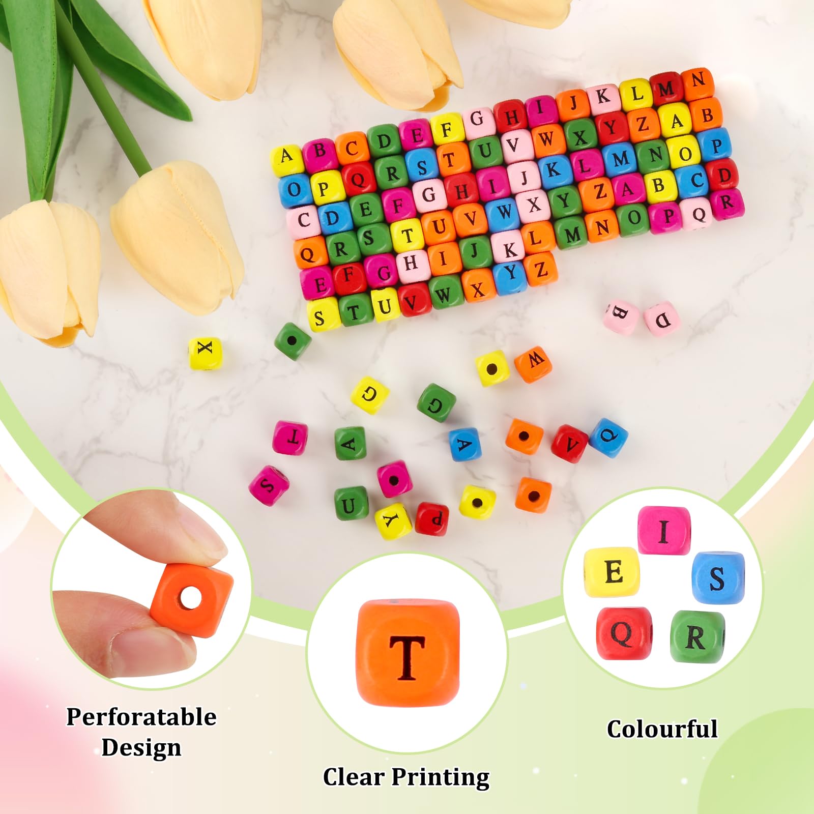 Pack of 300 Wooden Letter Beads, Wooden Beads Letters Colourful, 10 mm A to Z Letter Beads, Wood - Image 3