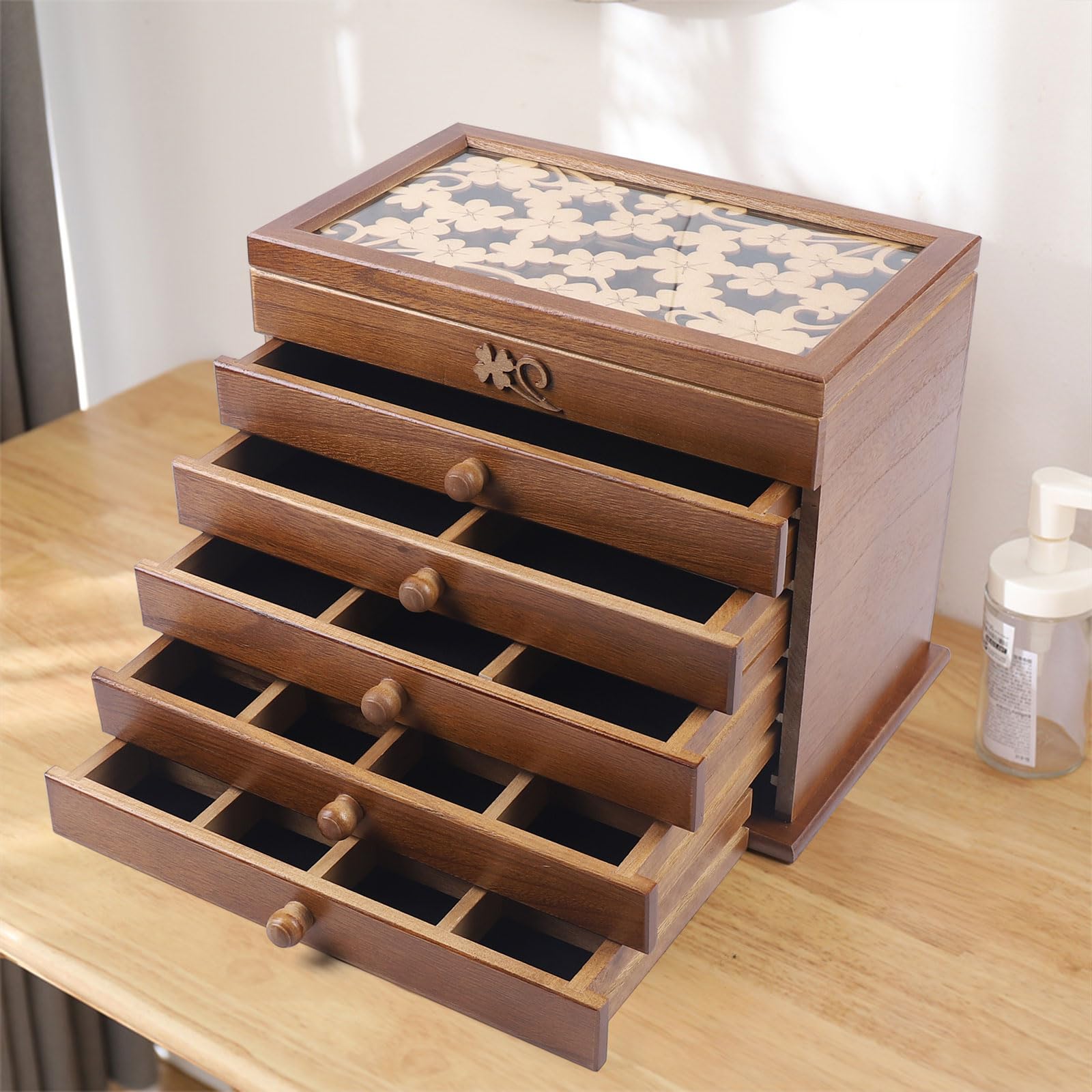 Joyero de madera, 6 niveles, joyero de madera, grande, retro, con cajón para relojes, pendientes, anillos