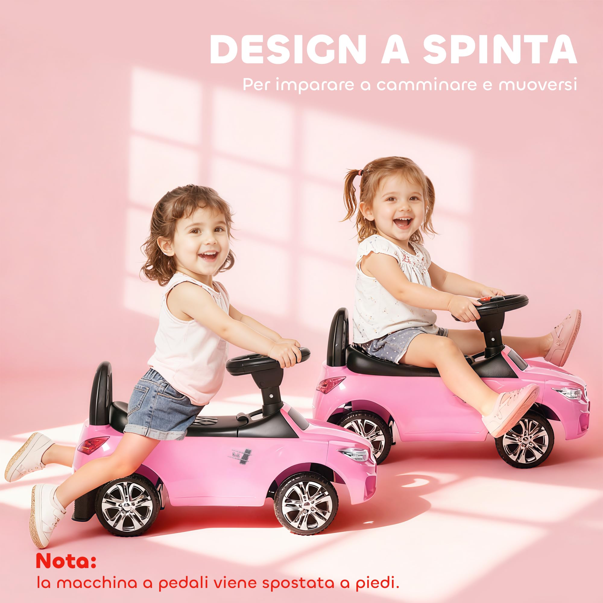 HOMCOM Coche Correpasillos para Niños de 18-36 Meses Andador Correpasillos con Faros Música Bocina Volante Espacio de Almacenaje y Asa para Empujar 63,5x28x36 cm Rosa